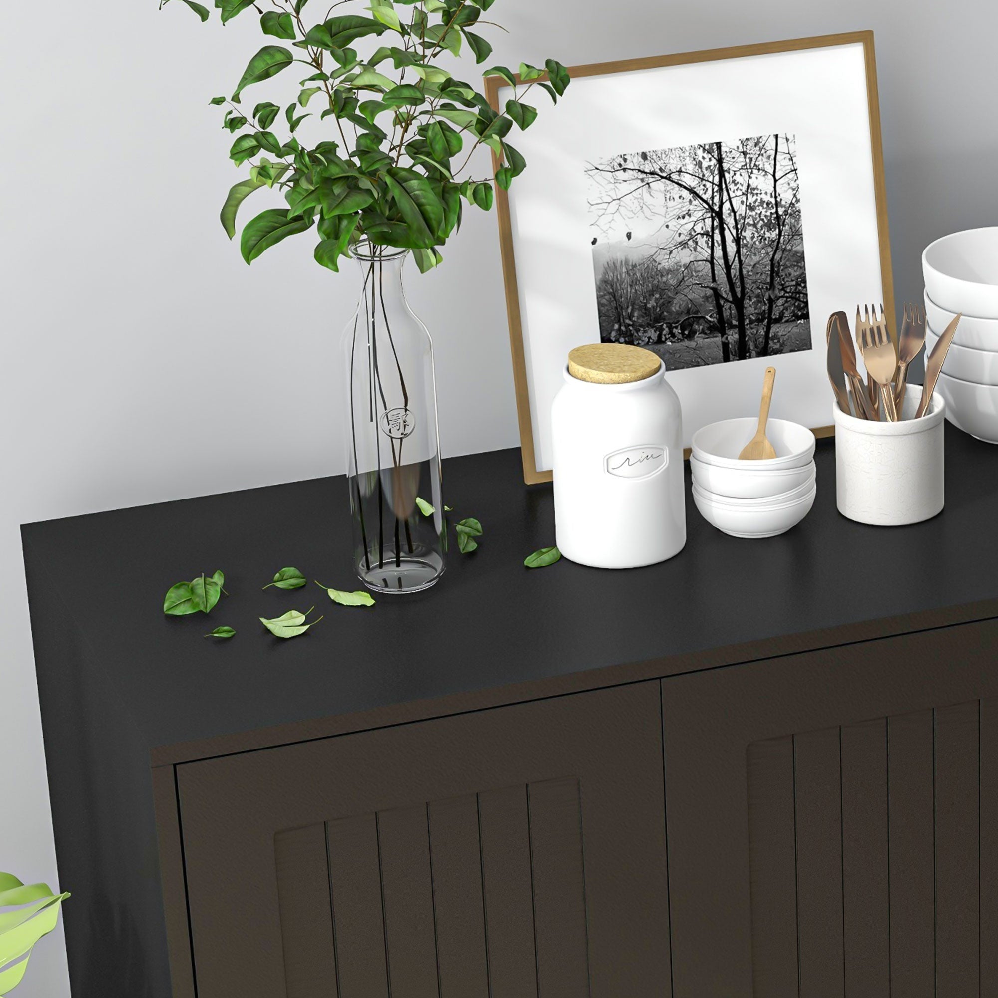 HOMCOM Modern Sideboard Buffet Cabinet with Drawers and Beadboard Door Cupboard Kitchen Storage Cabinet Black