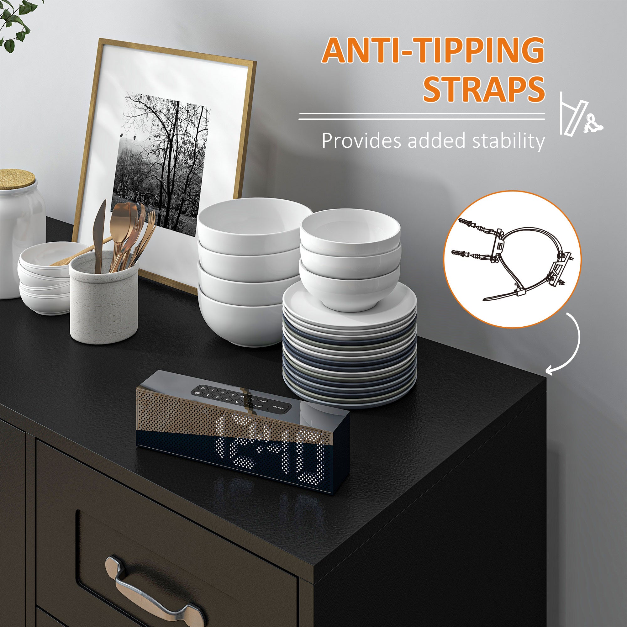 HOMCOM Modern Sideboard Buffet Cabinet with Drawers and Beadboard Door Cupboard Kitchen Storage Cabinet Black