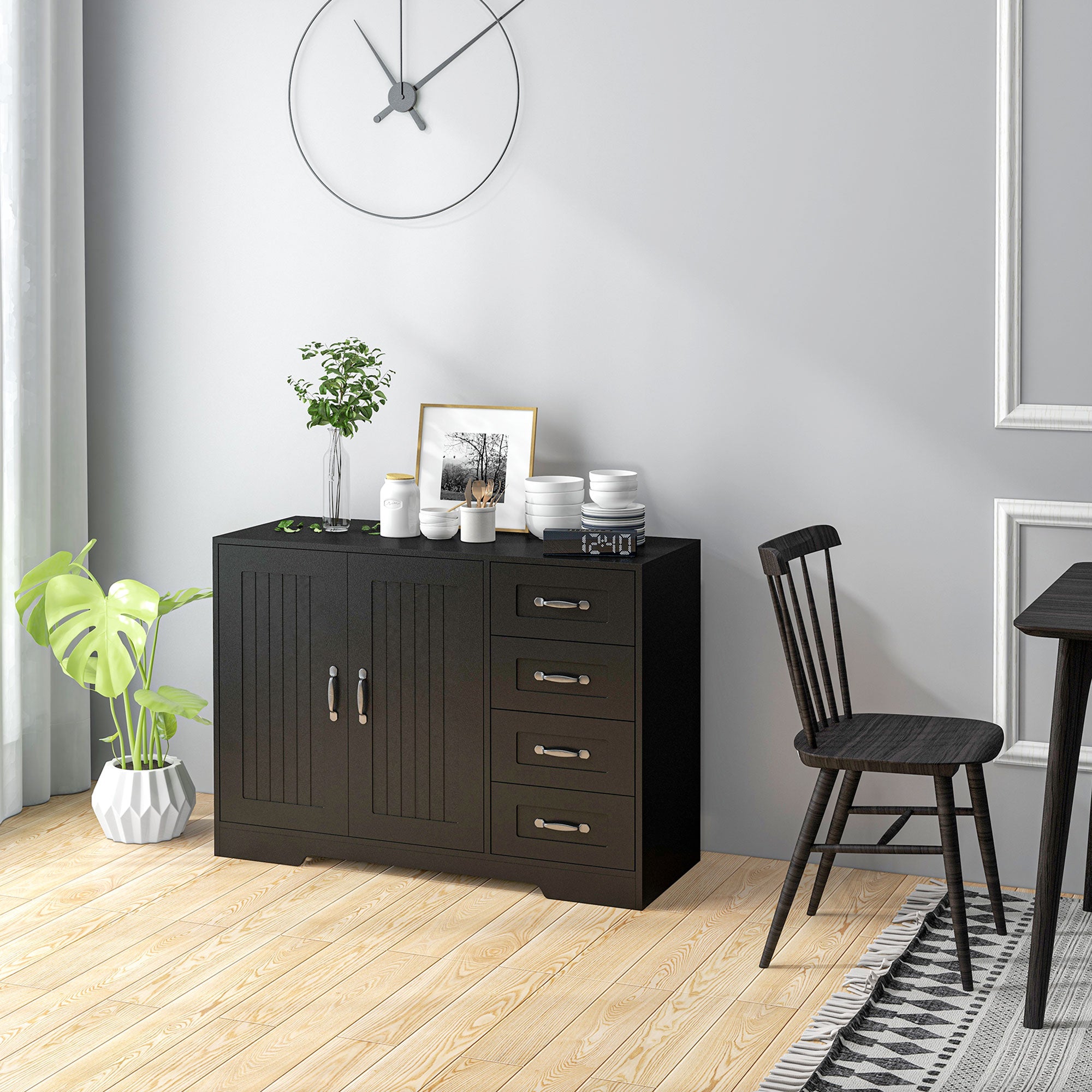 HOMCOM Modern Sideboard Buffet Cabinet with Drawers and Beadboard Door Cupboard Kitchen Storage Cabinet Black