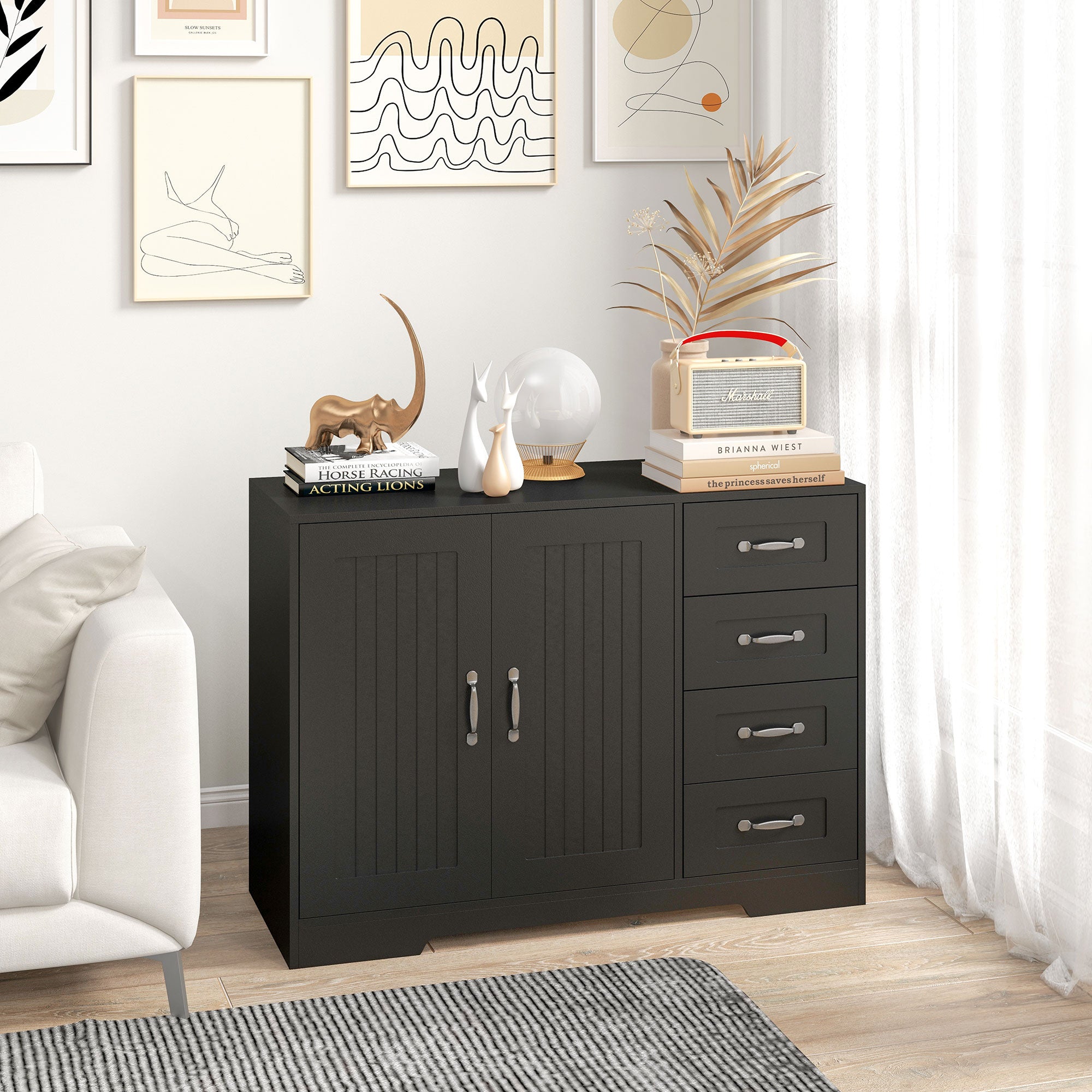 HOMCOM Modern Sideboard Buffet Cabinet with Drawers and Beadboard Door Cupboard Kitchen Storage Cabinet Black