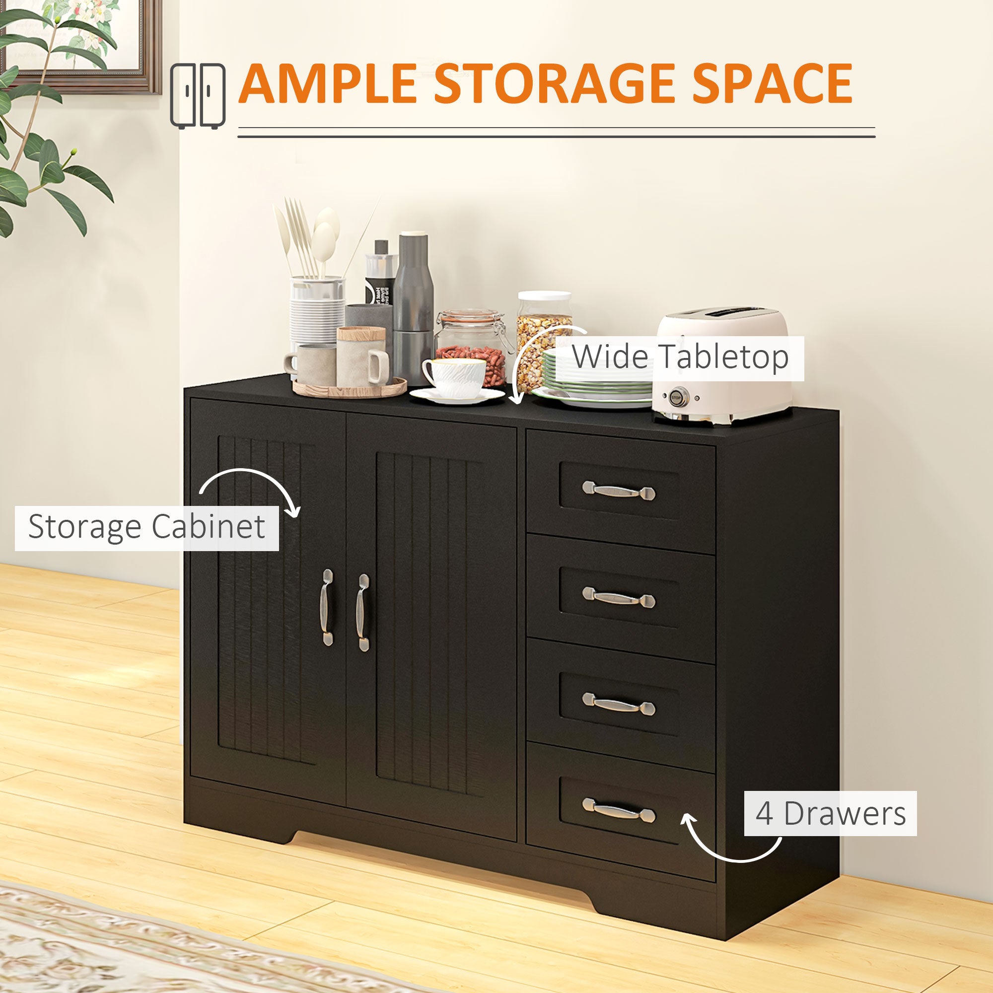 HOMCOM Modern Sideboard Buffet Cabinet with Drawers and Beadboard Door Cupboard Kitchen Storage Cabinet Black