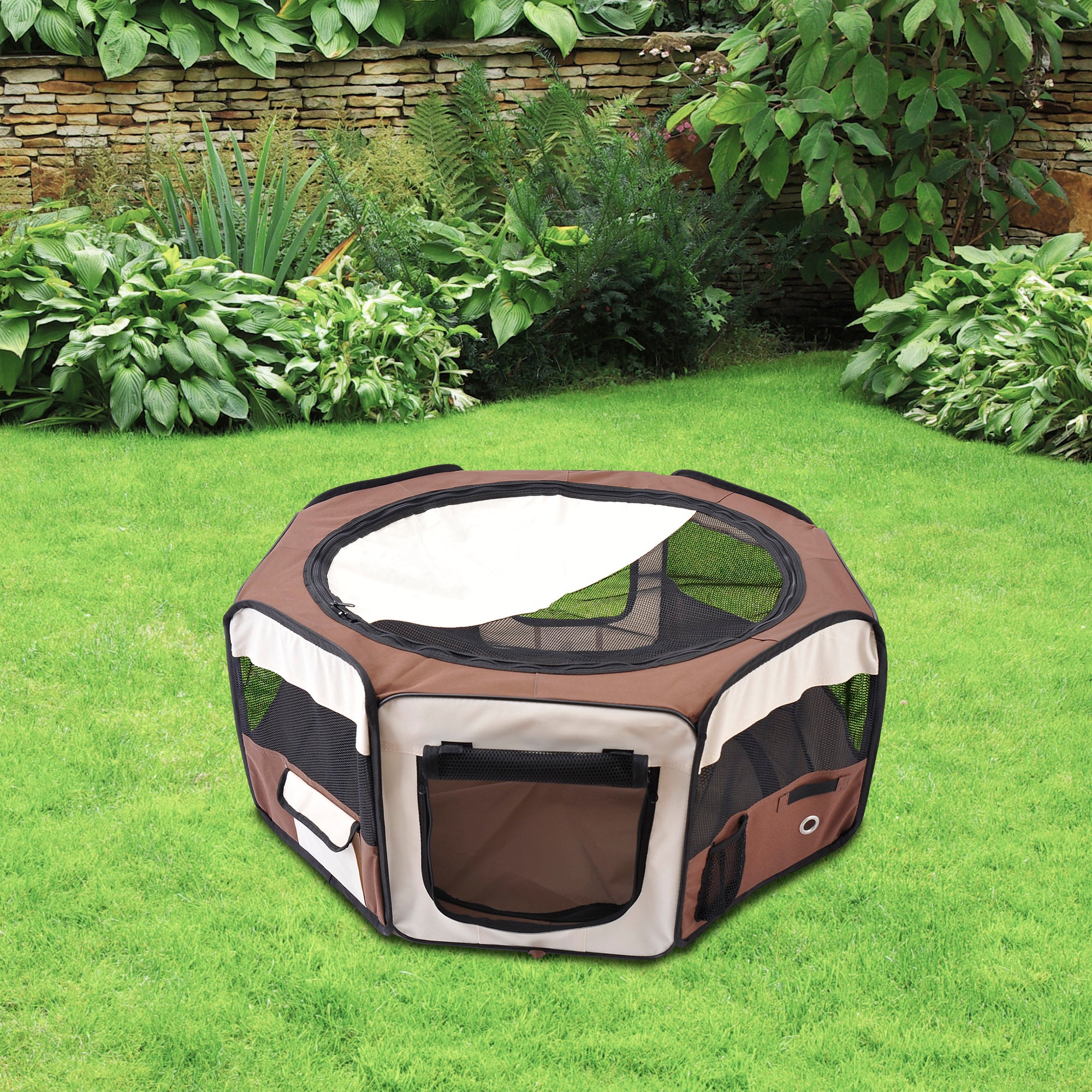 PawHut Portable Cat Dog Playpen Pet Puppy Rabbit Guinea Pig Pen Run Dia 90 x 41H cm Indoor & Outdoor Brown