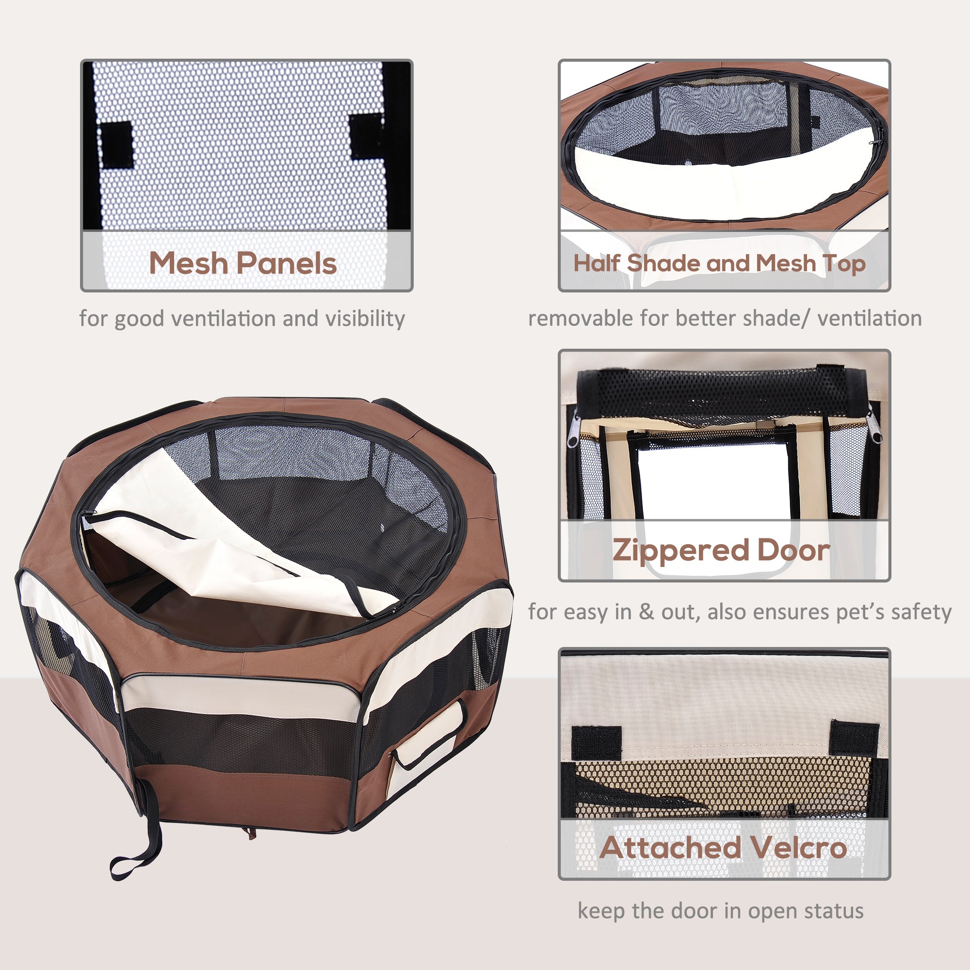 PawHut 37" Folding Portable Pet Playpen Soft Dog Cat Puppy Exercise Kennel Crate with Carrying Bag Brown