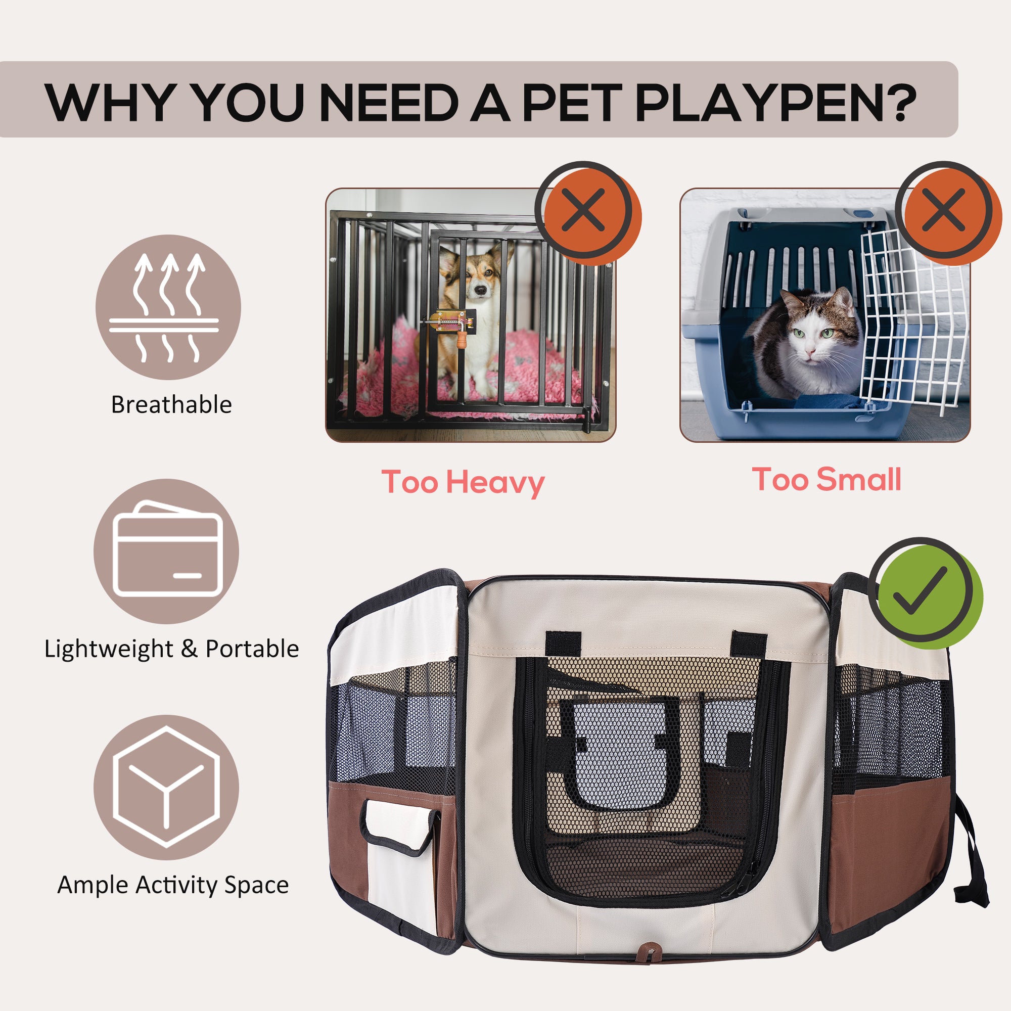 PawHut 37" Folding Portable Pet Playpen Soft Dog Cat Puppy Exercise Kennel Crate with Carrying Bag Brown