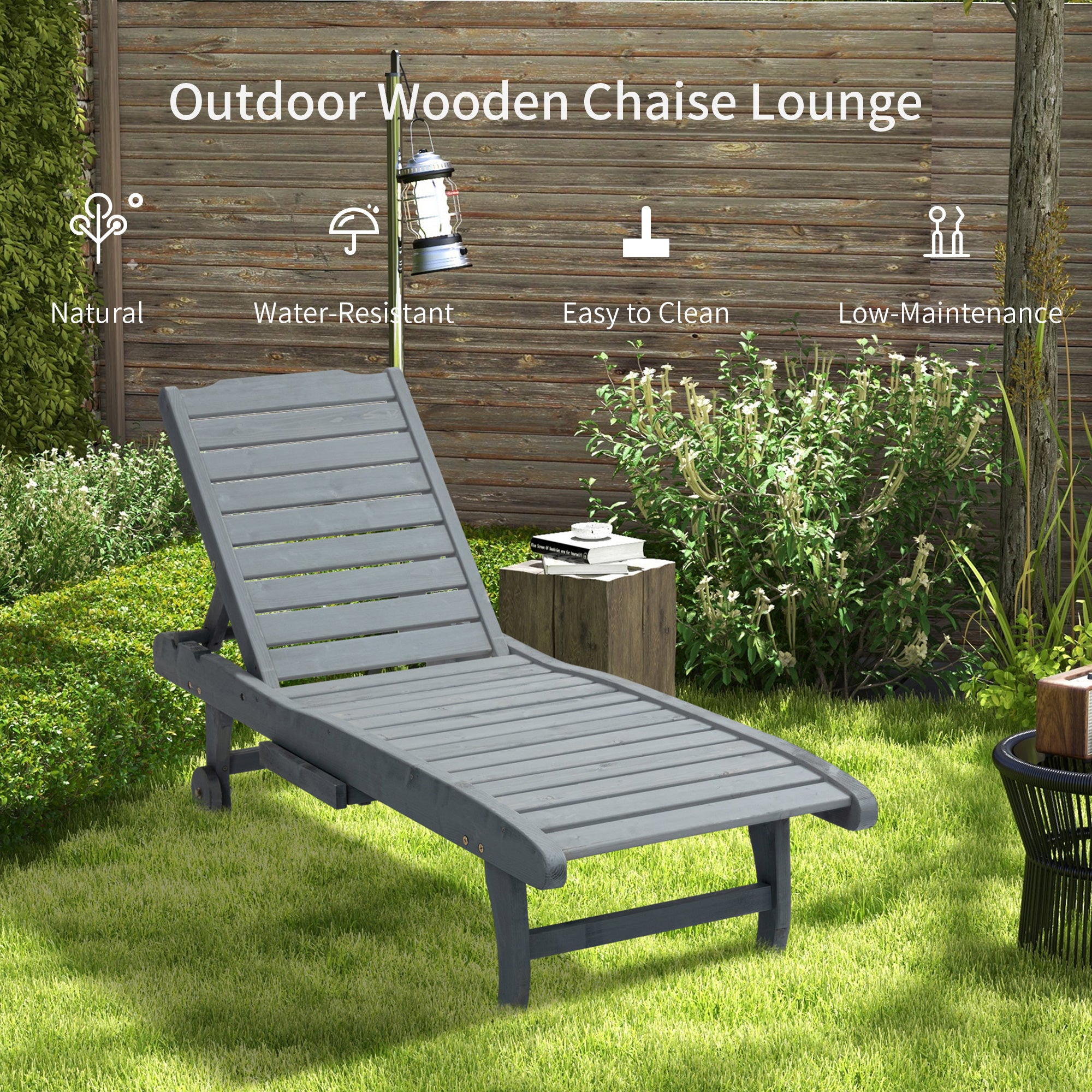 Outsunny Wooden Outdoor Lounge Chair, Adjustable Patio Outdoor Chaise Recliner Garden Furniture, Tanning Chair with Pull-out Tray and 2 Wheels, Grey