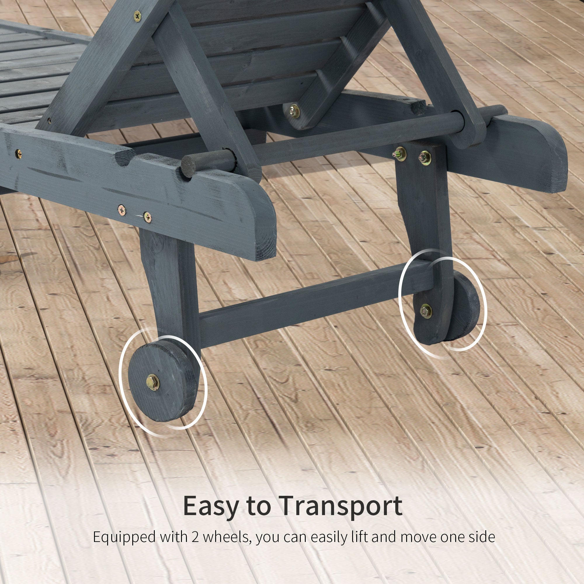 Outsunny Wooden Outdoor Lounge Chair, Adjustable Patio Outdoor Chaise Recliner Garden Furniture, Tanning Chair with Pull-out Tray and 2 Wheels, Grey