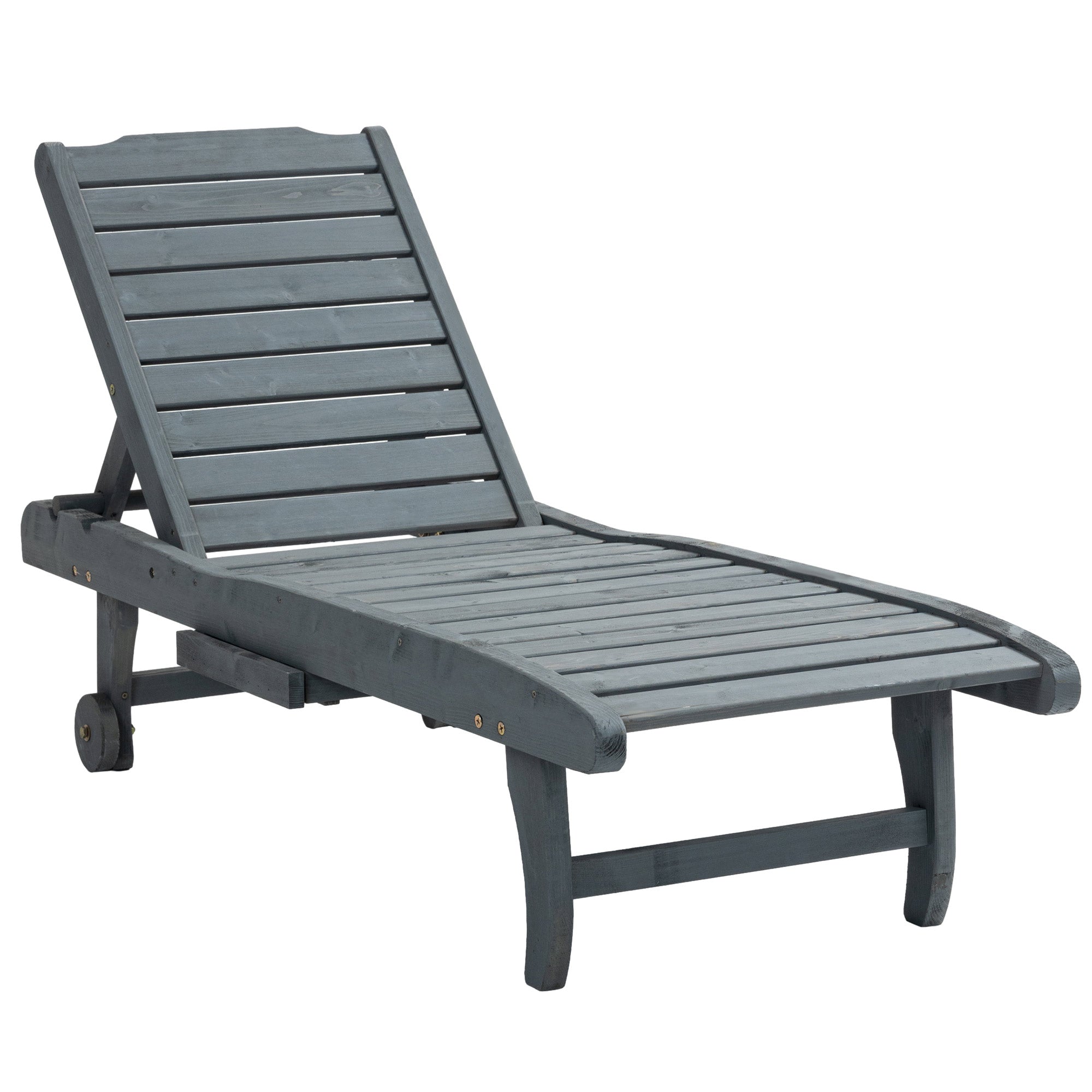 Outsunny Wooden Outdoor Lounge Chair, Adjustable Patio Outdoor Chaise Recliner Garden Furniture, Tanning Chair with Pull-out Tray and 2 Wheels, Grey