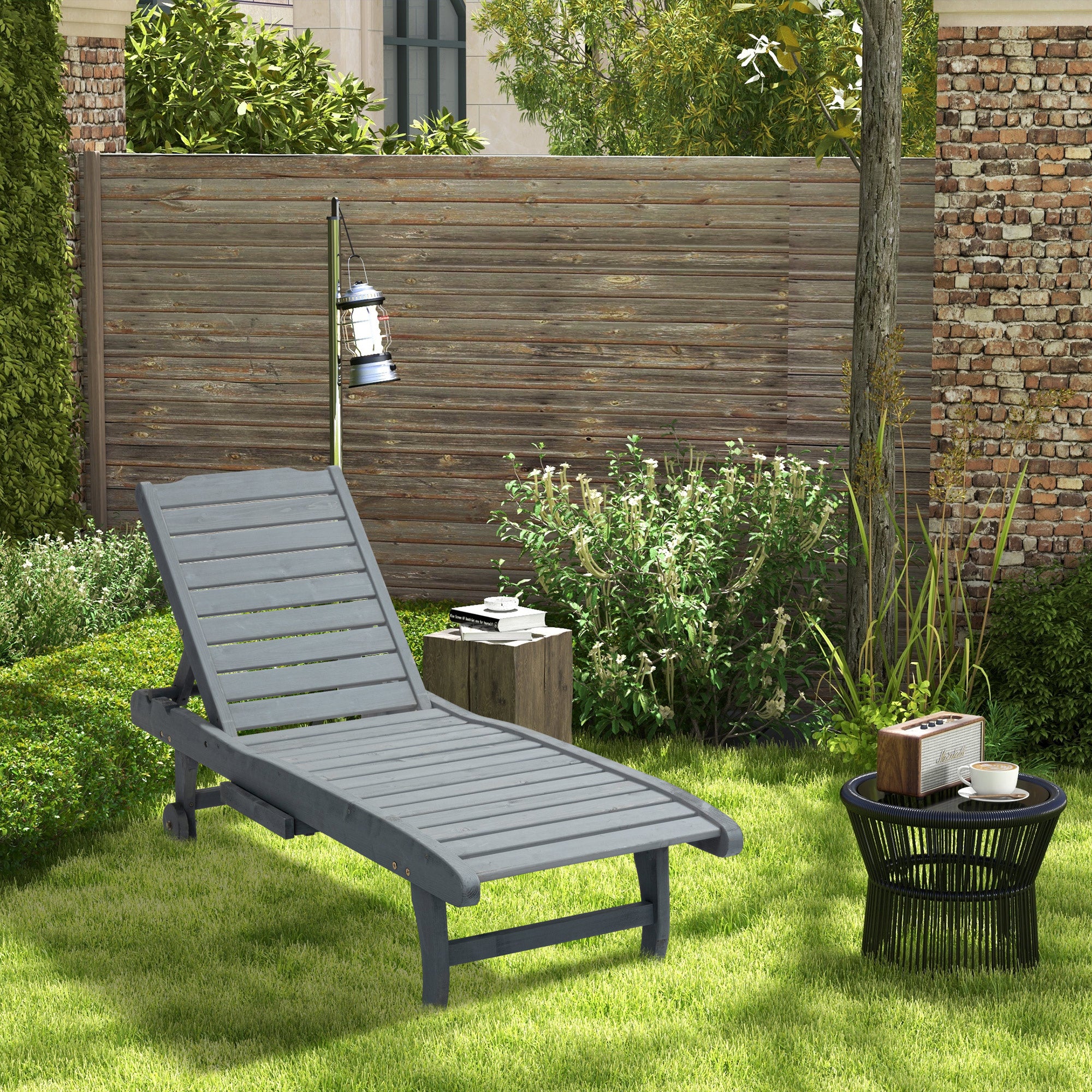 Outsunny Wooden Outdoor Lounge Chair, Adjustable Patio Outdoor Chaise Recliner Garden Furniture, Tanning Chair with Pull-out Tray and 2 Wheels, Grey