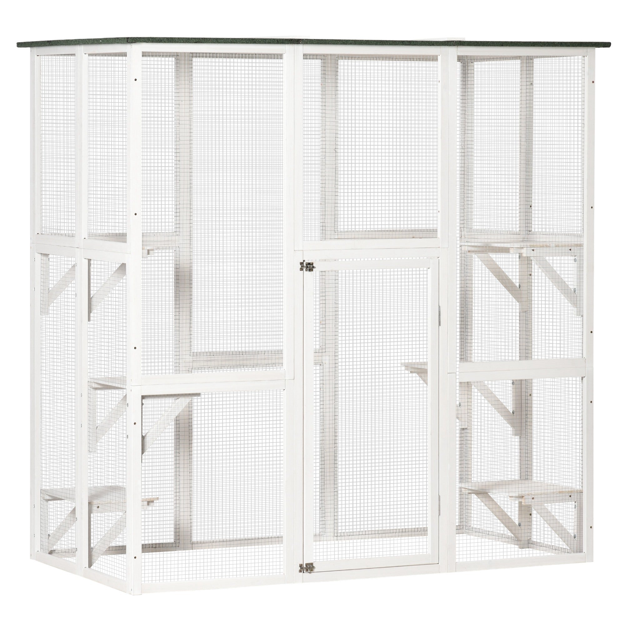 PawHut Outdoor Cat House Big Catio Wooden Feral Cat Shelter Enclosure with Large Spacious Interior, 6 High Ledges, Weather Protection Asphalt Roof, 71" L, White