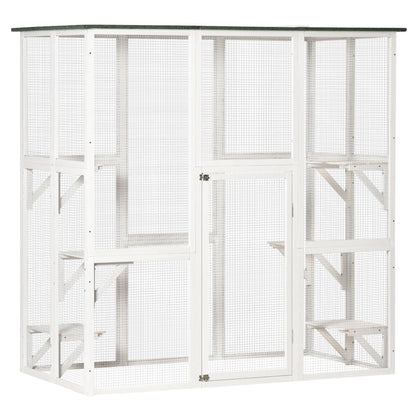 PawHut Outdoor Cat House Big Catio Wooden Feral Cat Shelter Enclosure with Large Spacious Interior, 6 High Ledges, Weather Protection Asphalt Roof, 71" L, White