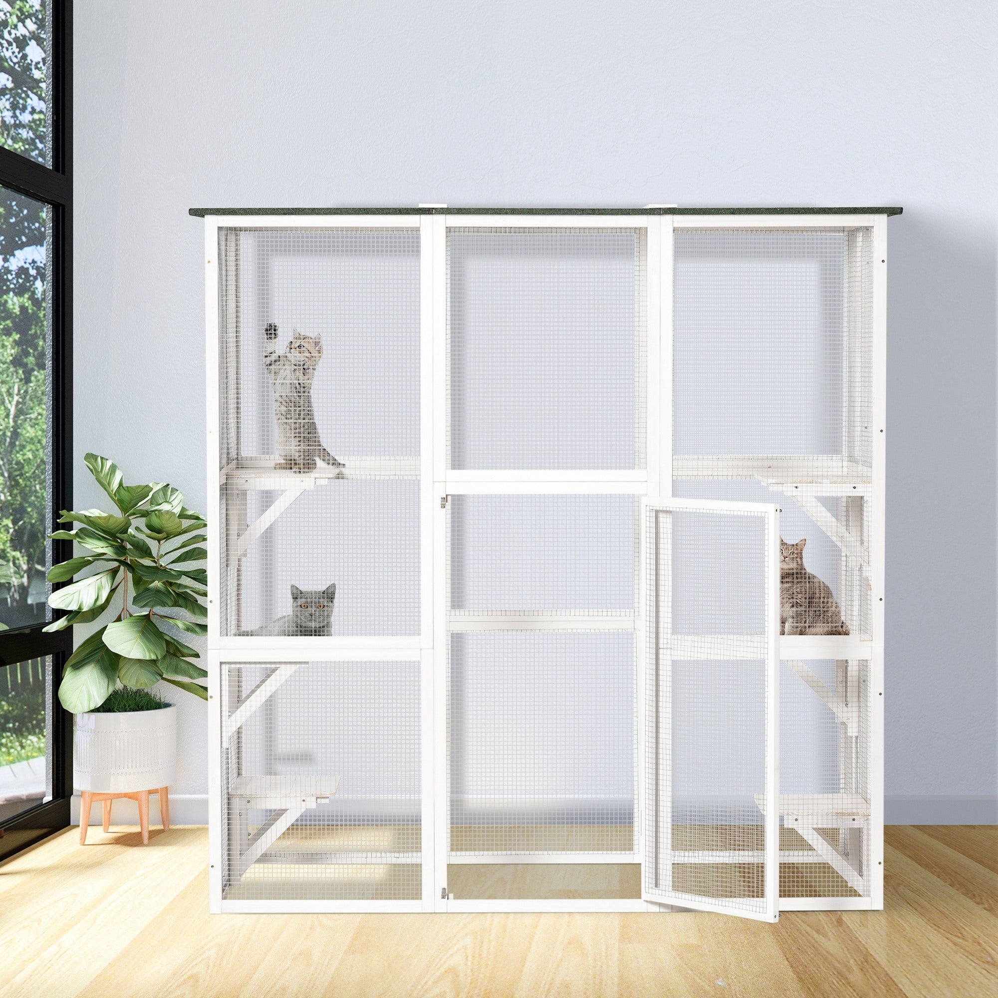 PawHut Outdoor Cat House Big Catio Wooden Feral Cat Shelter Enclosure with Large Spacious Interior, 6 High Ledges, Weather Protection Asphalt Roof, 71" L, White