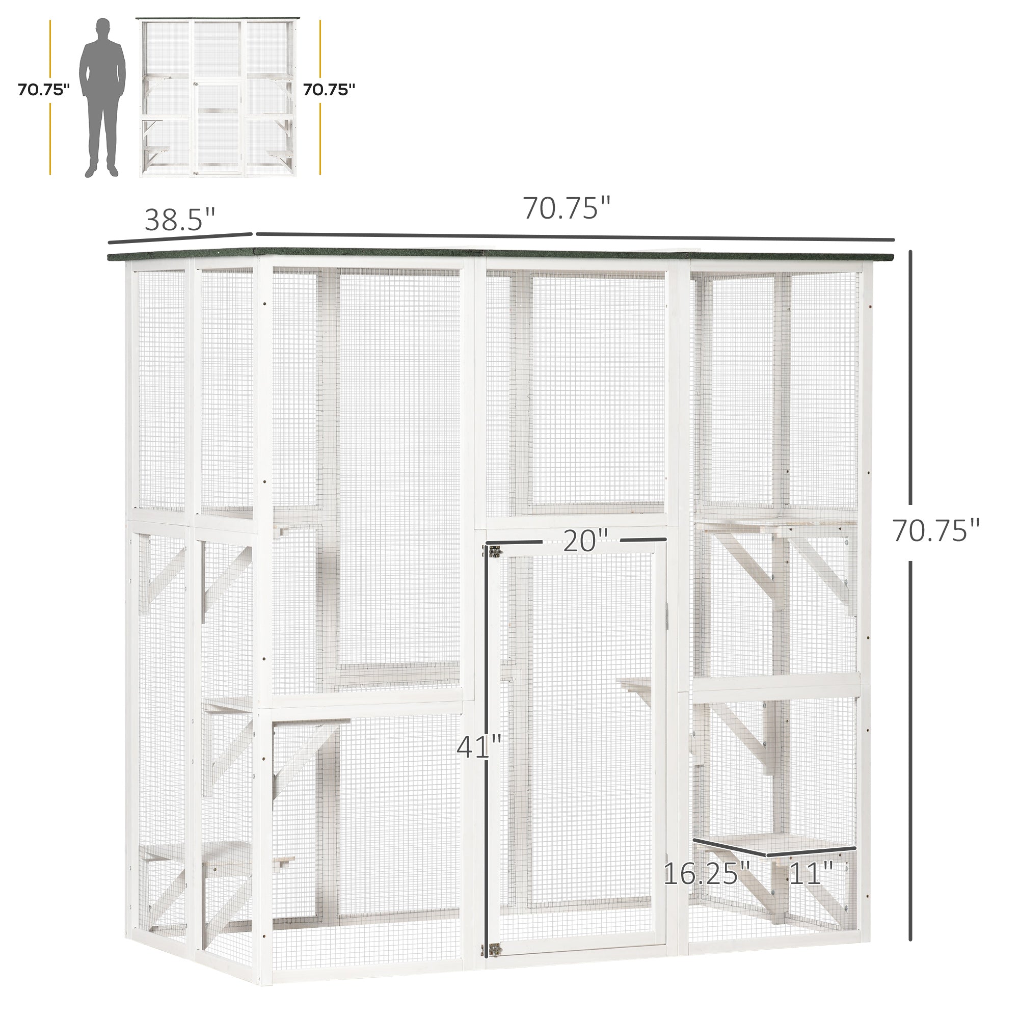 PawHut Outdoor Cat House Big Catio Wooden Feral Cat Shelter Enclosure with Large Spacious Interior, 6 High Ledges, Weather Protection Asphalt Roof, 71" L, White