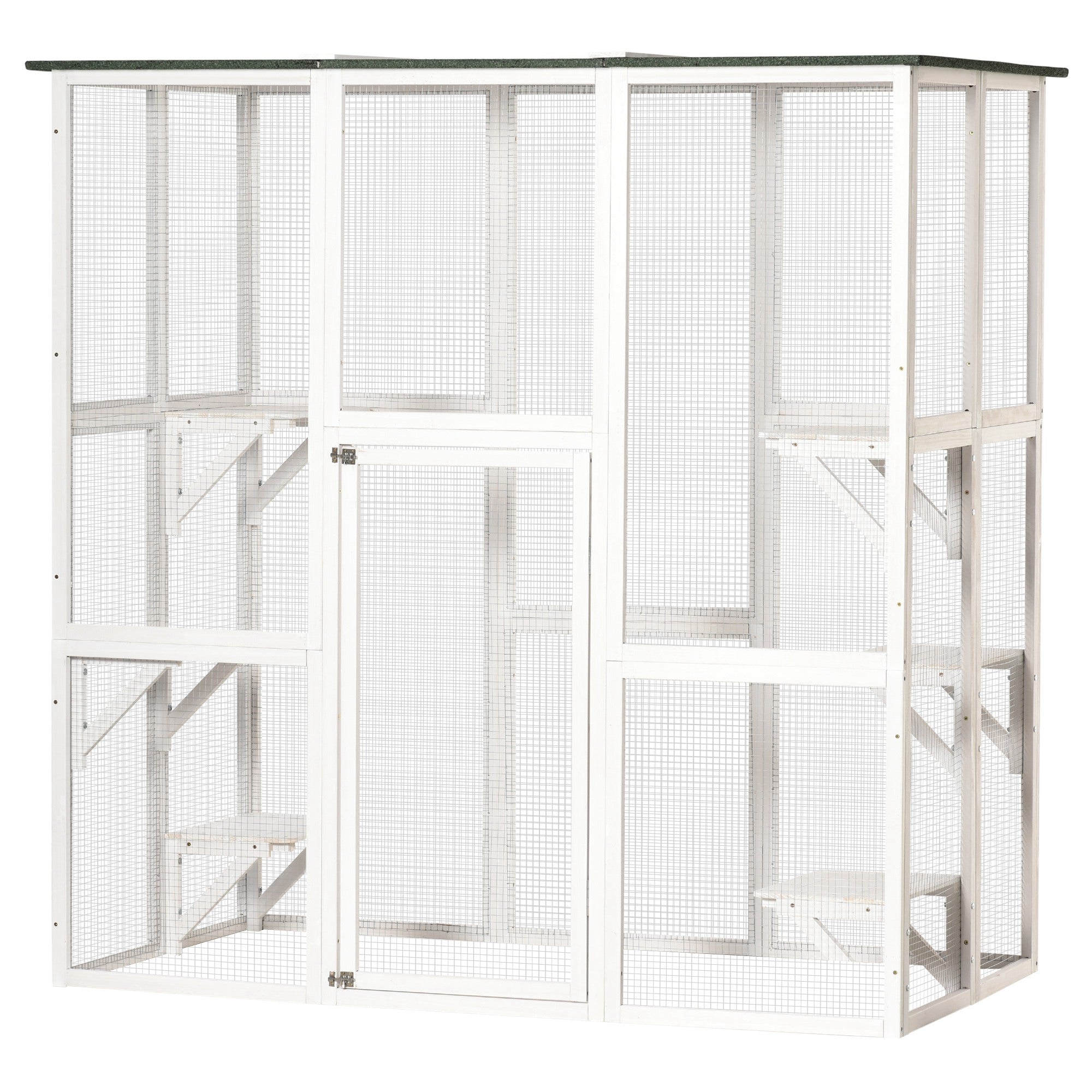 PawHut Outdoor Cat House Big Catio Wooden Feral Cat Shelter Enclosure with Large Spacious Interior, 6 High Ledges, Weather Protection Asphalt Roof, 71" L, White