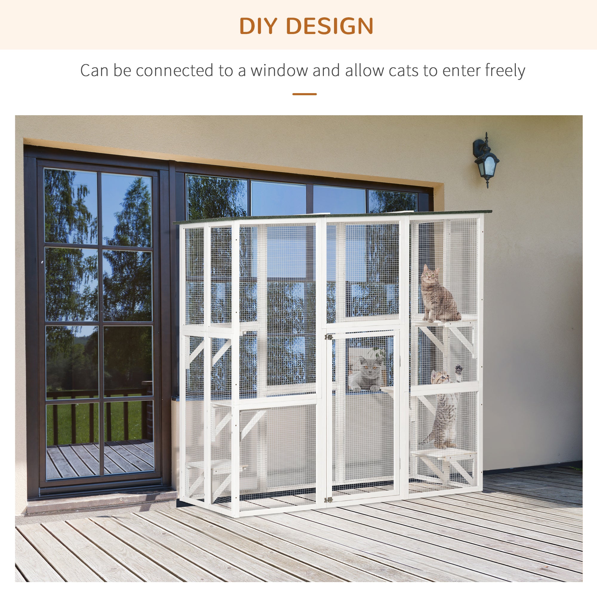 PawHut Outdoor Cat House Big Catio Wooden Feral Cat Shelter Enclosure with Large Spacious Interior, 6 High Ledges, Weather Protection Asphalt Roof, 71" L, White