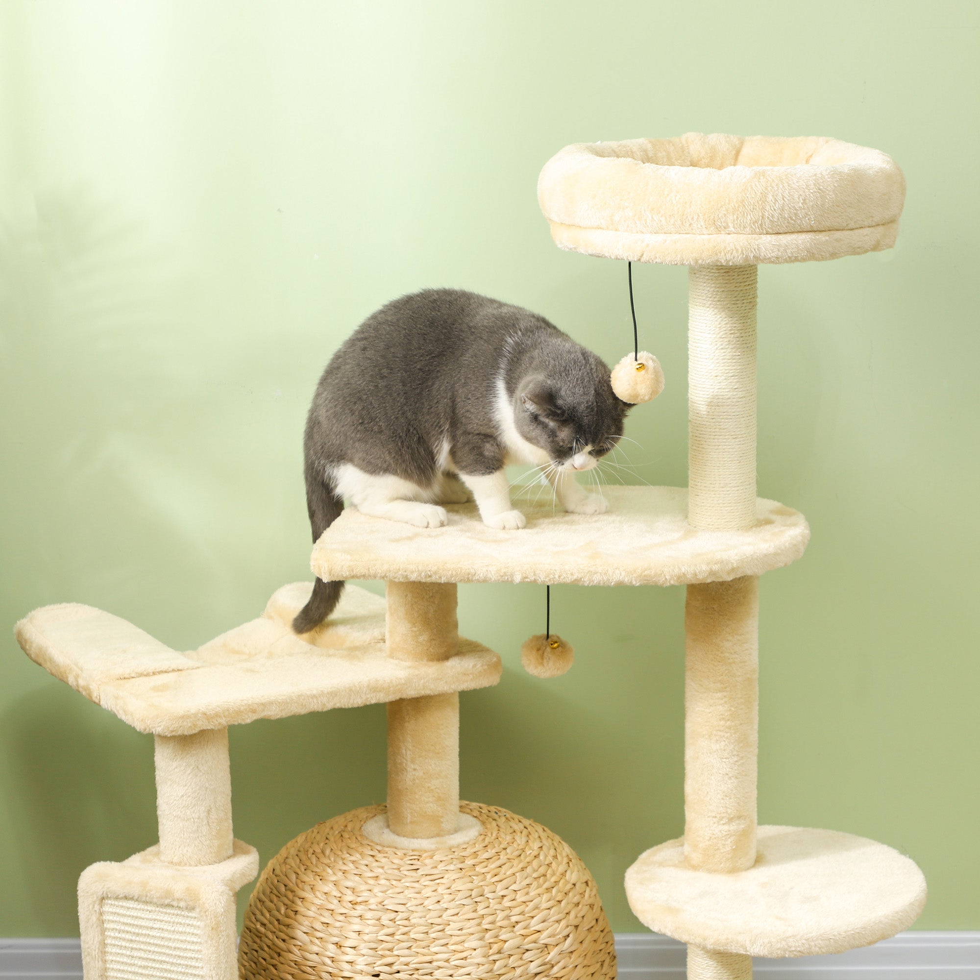 PawHut 44" Cat Tree, Cat Tower for Indoor Cats with Sisal Scratching Posts, Cat Condo, Hammock, Cat Bed, Platforms, Toy Balls, Cat Activity Center, Beige