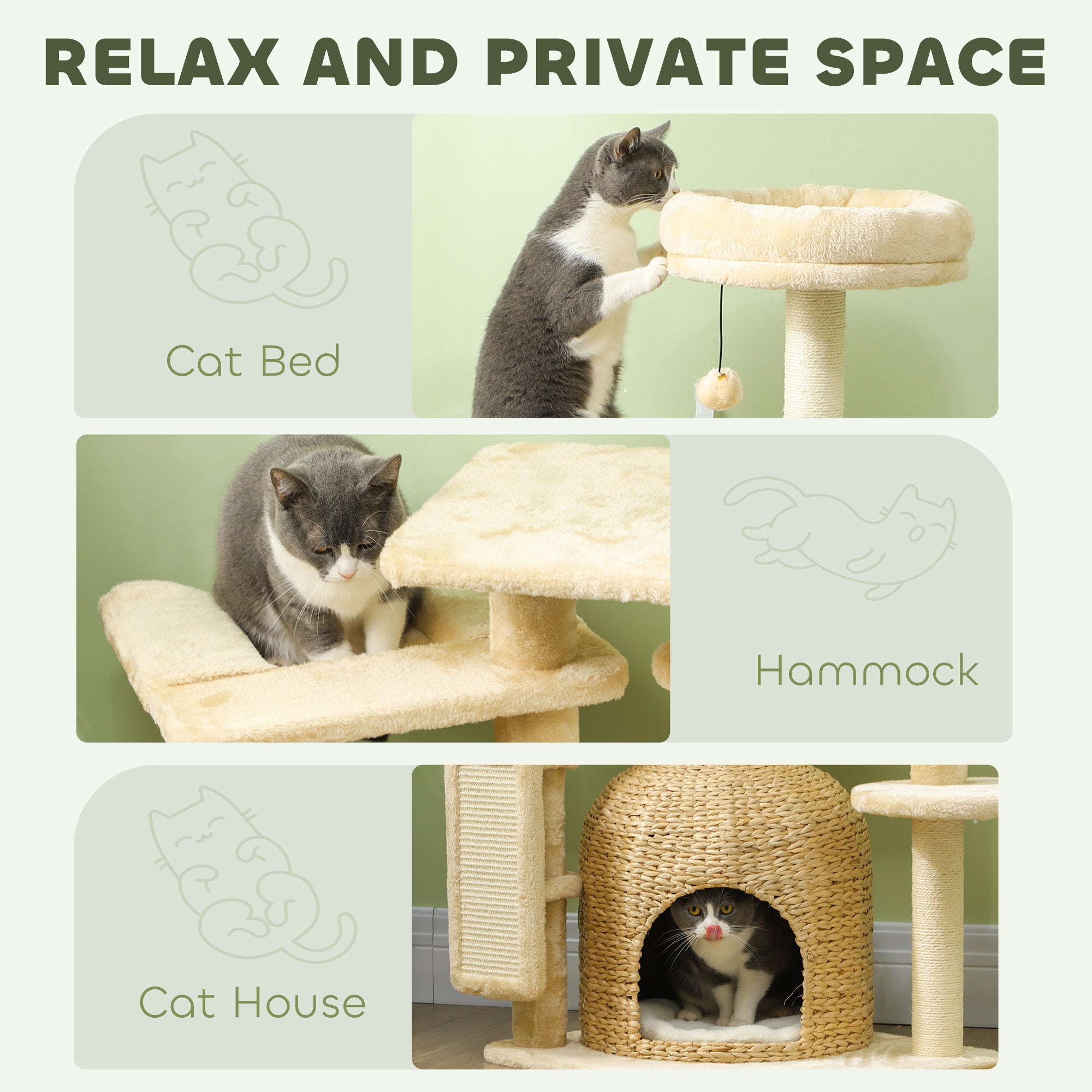 PawHut 44" Cat Tree, Cat Tower for Indoor Cats with Sisal Scratching Posts, Cat Condo, Hammock, Cat Bed, Platforms, Toy Balls, Cat Activity Center, Beige