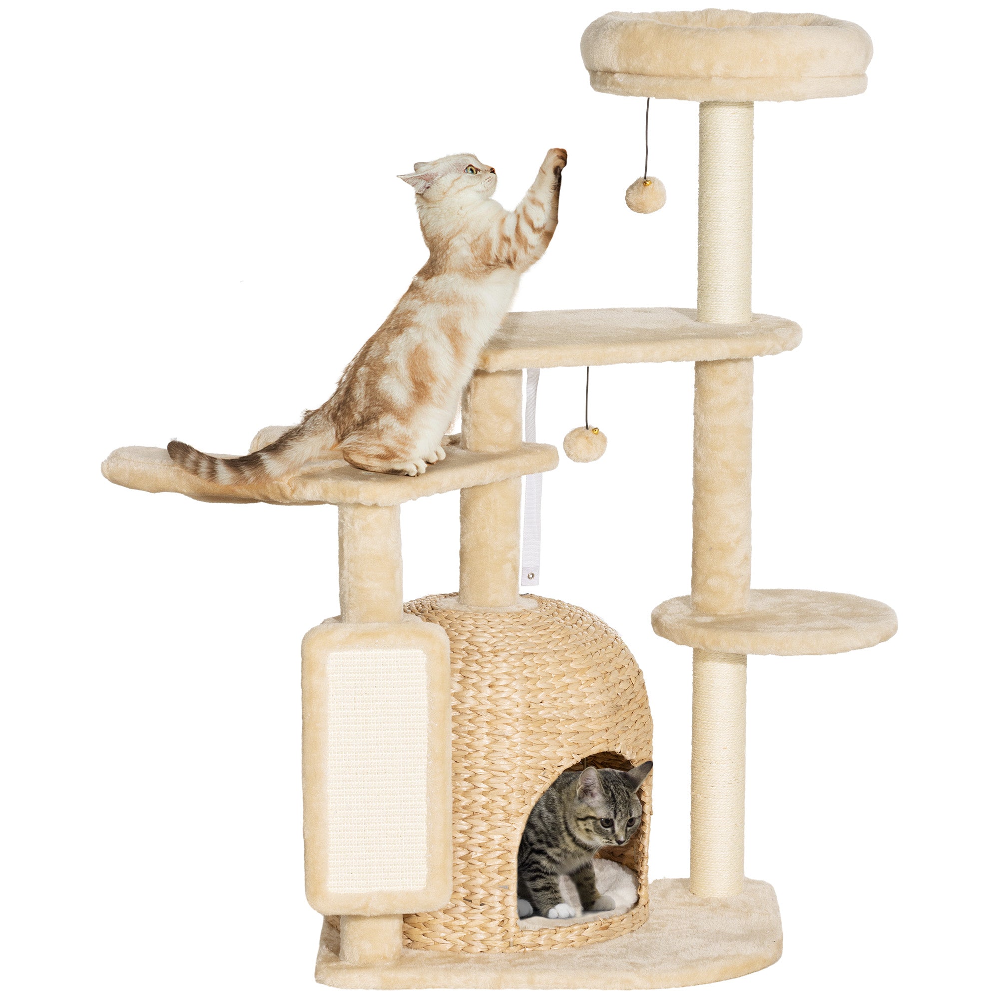 PawHut 44" Cat Tree, Cat Tower for Indoor Cats with Sisal Scratching Posts, Cat Condo, Hammock, Cat Bed, Platforms, Toy Balls, Cat Activity Center, Beige