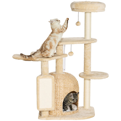 PawHut 44" Cat Tree, Cat Tower for Indoor Cats with Sisal Scratching Posts, Cat Condo, Hammock, Cat Bed, Platforms, Toy Balls, Cat Activity Center, Beige