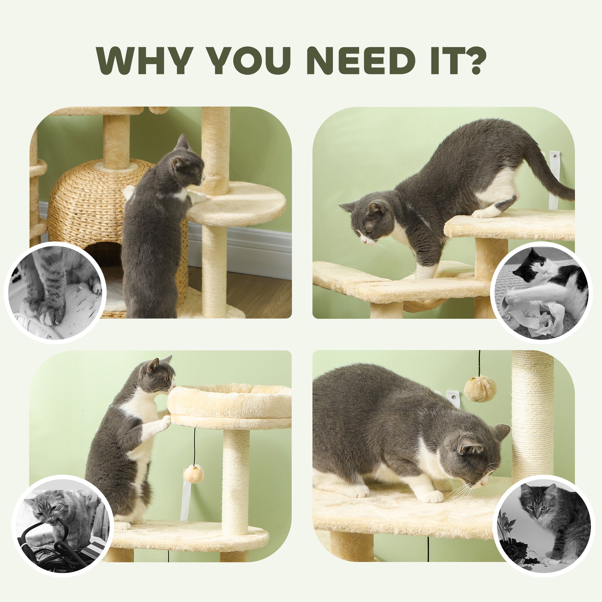 PawHut 44" Cat Tree, Cat Tower for Indoor Cats with Sisal Scratching Posts, Cat Condo, Hammock, Cat Bed, Platforms, Toy Balls, Cat Activity Center, Beige