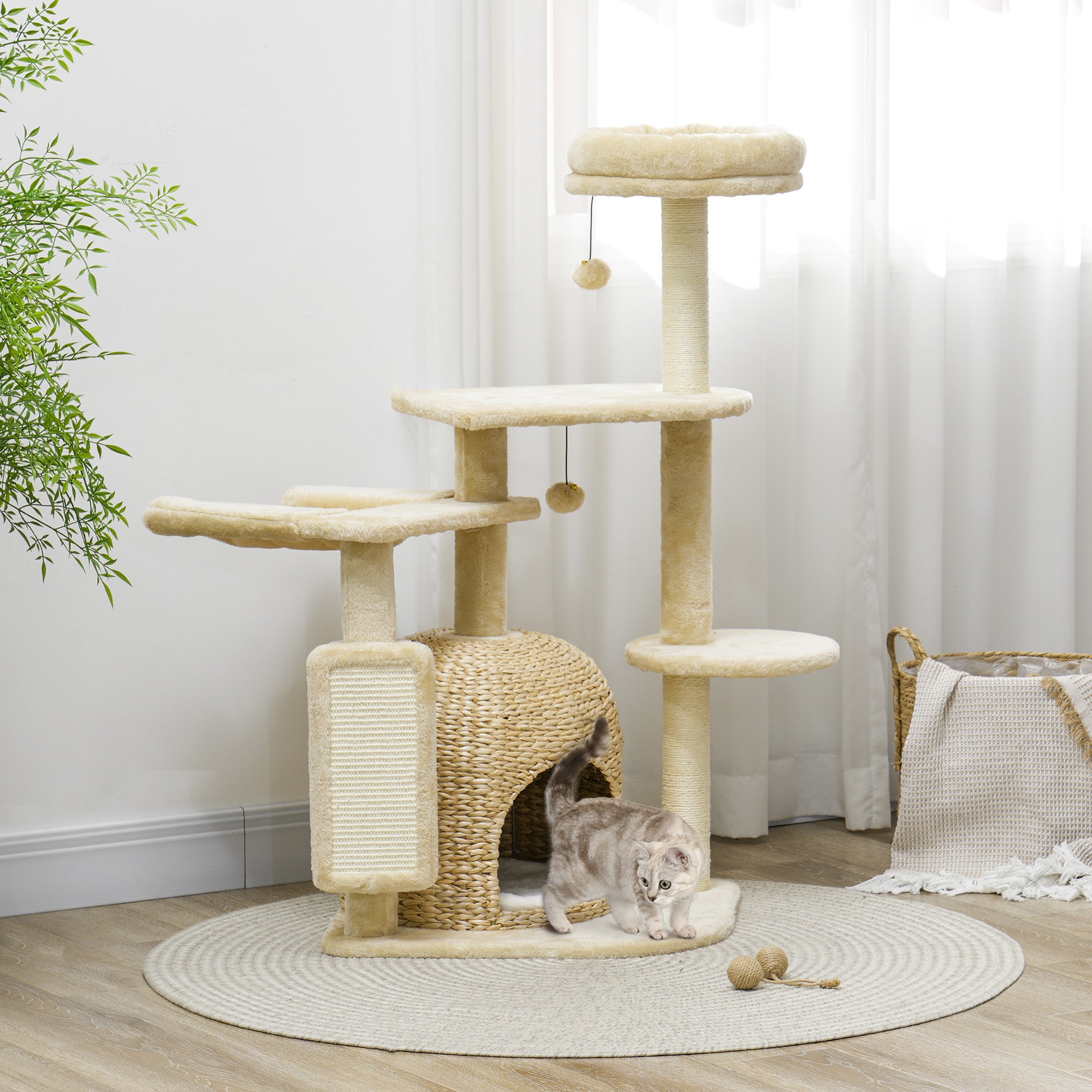 PawHut 44" Cat Tree, Cat Tower for Indoor Cats with Sisal Scratching Posts, Cat Condo, Hammock, Cat Bed, Platforms, Toy Balls, Cat Activity Center, Beige