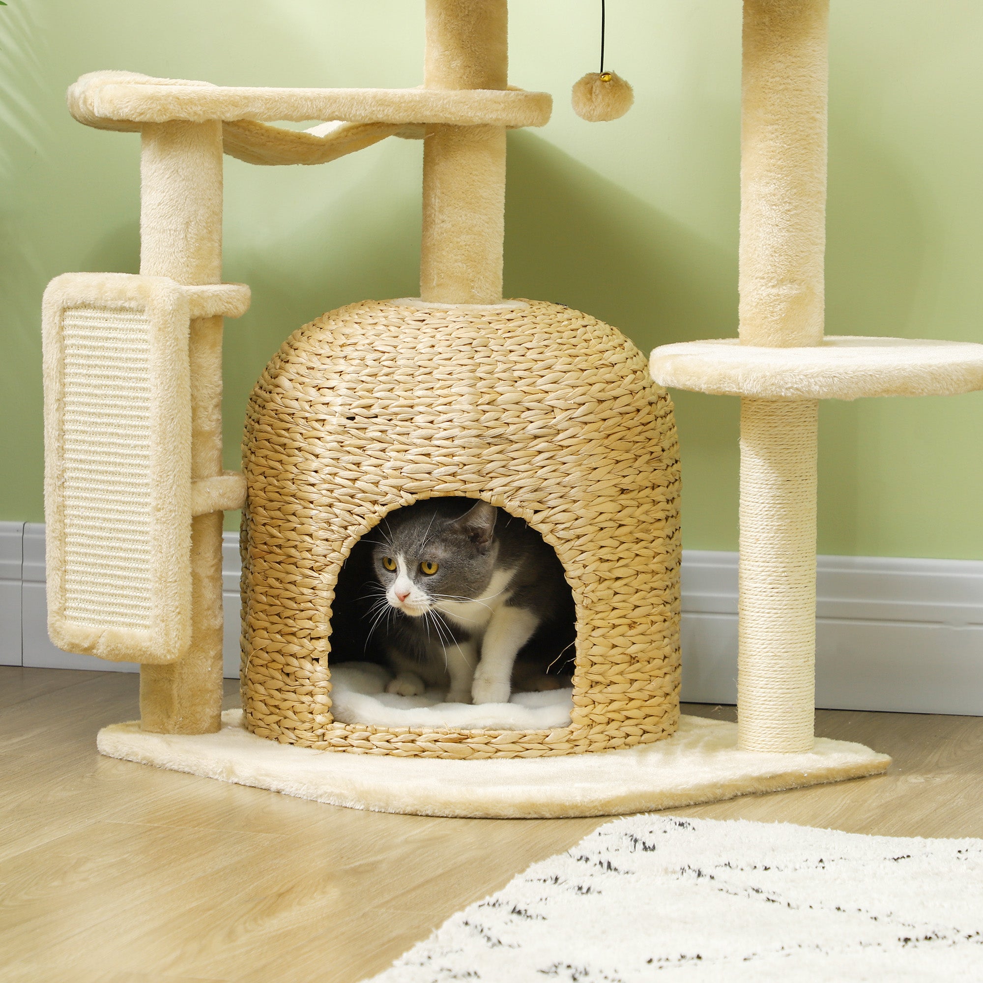 PawHut 44" Cat Tree, Cat Tower for Indoor Cats with Sisal Scratching Posts, Cat Condo, Hammock, Cat Bed, Platforms, Toy Balls, Cat Activity Center, Beige
