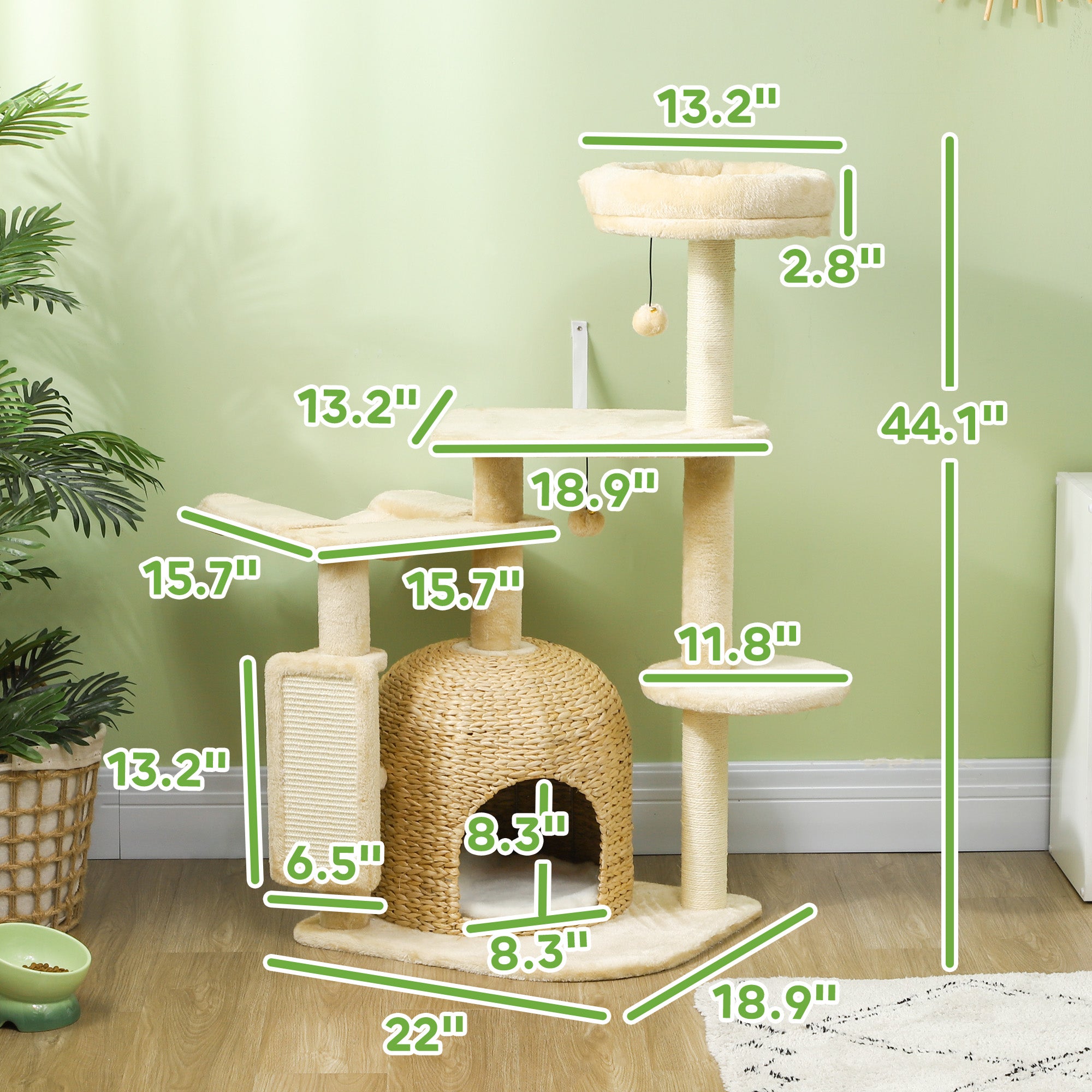 PawHut 44" Cat Tree, Cat Tower for Indoor Cats with Sisal Scratching Posts, Cat Condo, Hammock, Cat Bed, Platforms, Toy Balls, Cat Activity Center, Beige