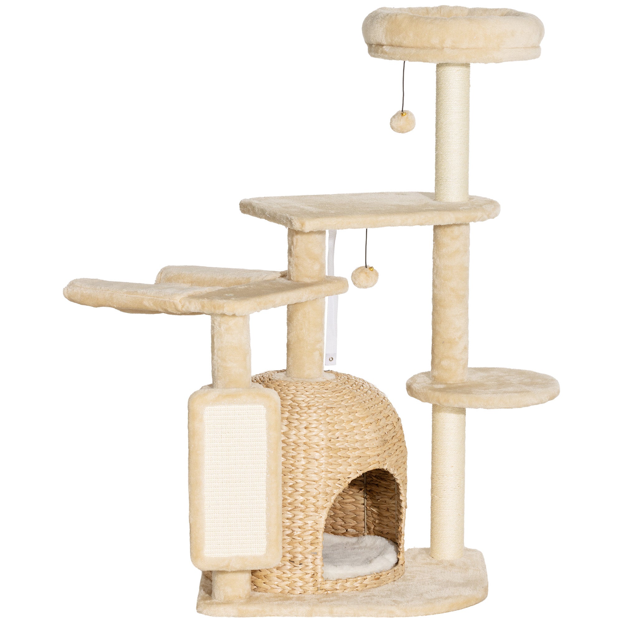 PawHut 44" Cat Tree, Cat Tower for Indoor Cats with Sisal Scratching Posts, Cat Condo, Hammock, Cat Bed, Platforms, Toy Balls, Cat Activity Center, Beige