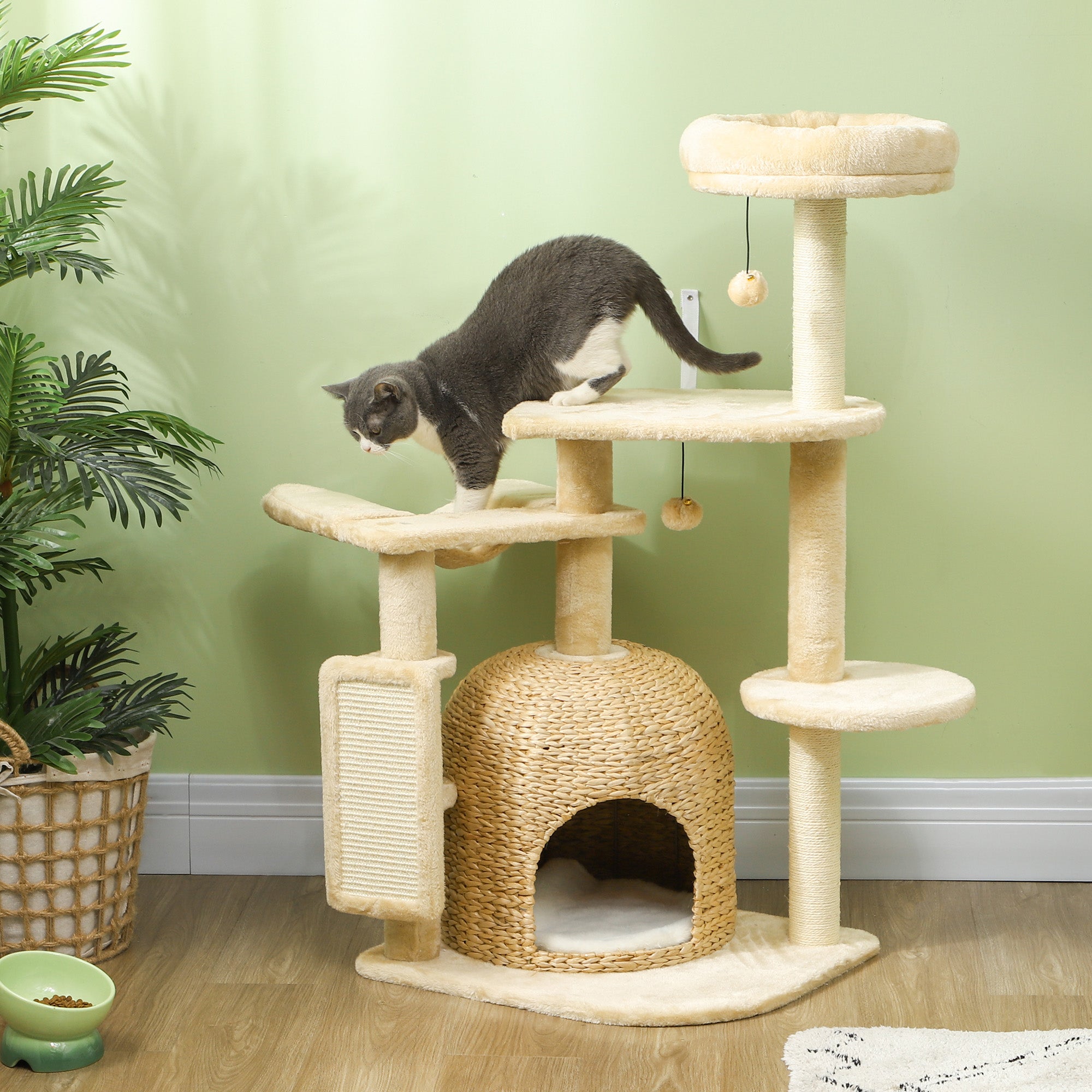PawHut 44" Cat Tree, Cat Tower for Indoor Cats with Sisal Scratching Posts, Cat Condo, Hammock, Cat Bed, Platforms, Toy Balls, Cat Activity Center, Beige