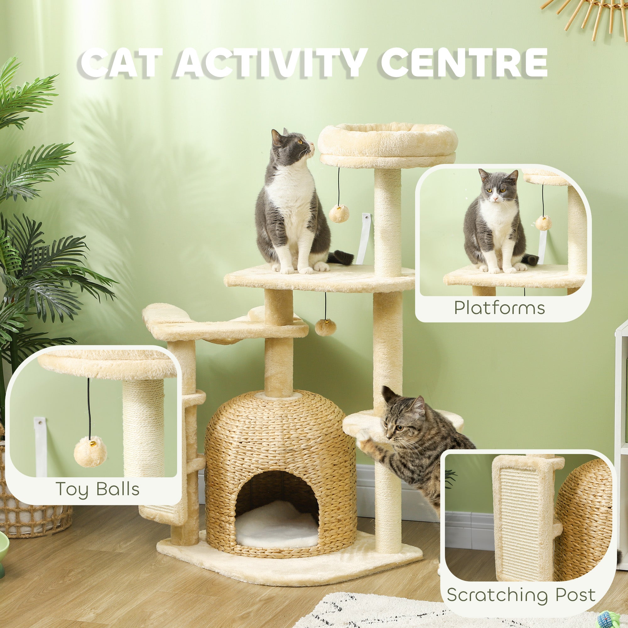 PawHut 44" Cat Tree, Cat Tower for Indoor Cats with Sisal Scratching Posts, Cat Condo, Hammock, Cat Bed, Platforms, Toy Balls, Cat Activity Center, Beige
