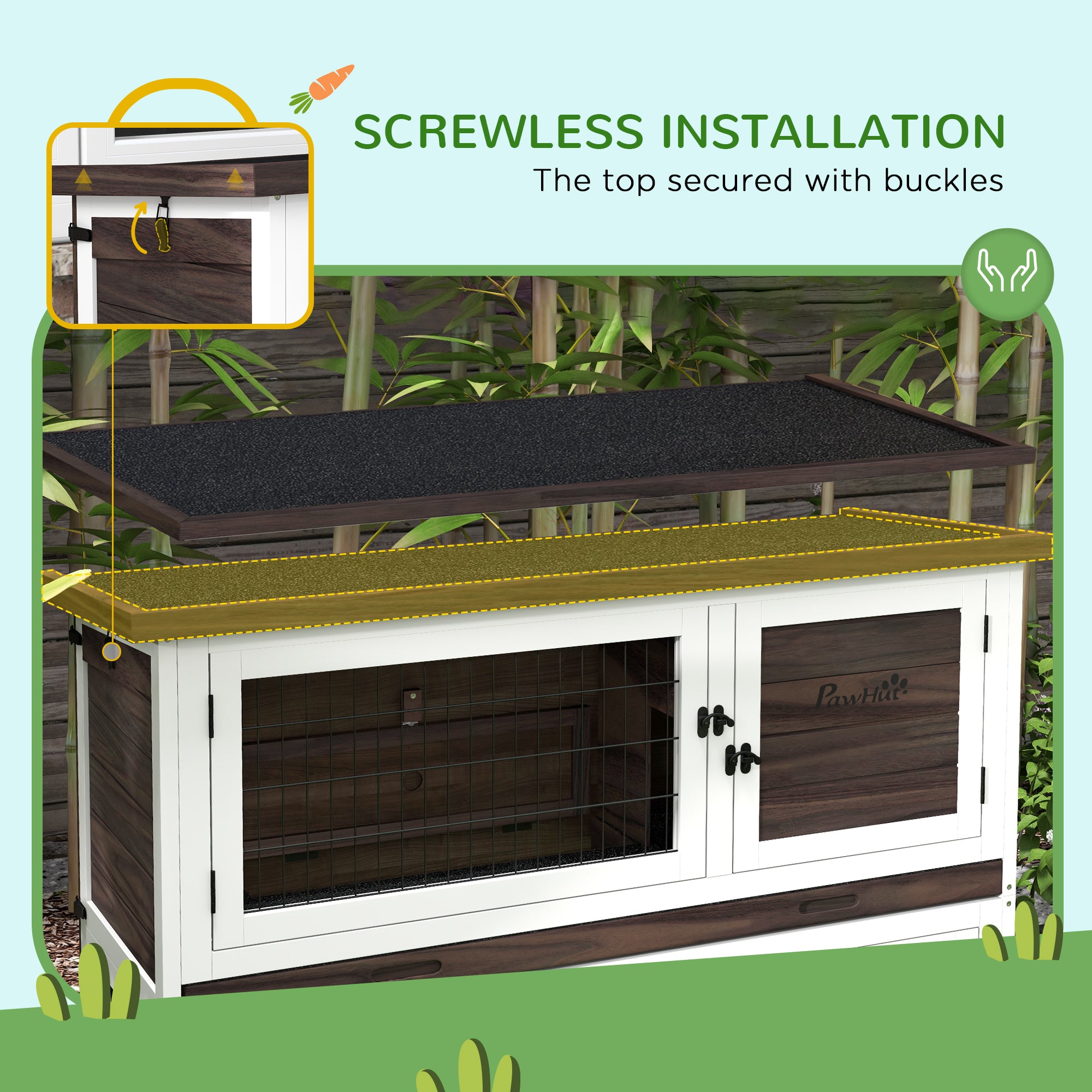 PawHut 2 Tiers Rabbit Hutch, Guinea Pig Hutch Outdoor with No-Leak Trays, Openable Asphalt Roof, No Screws Needed, for 1-2 Rabbits - Brown