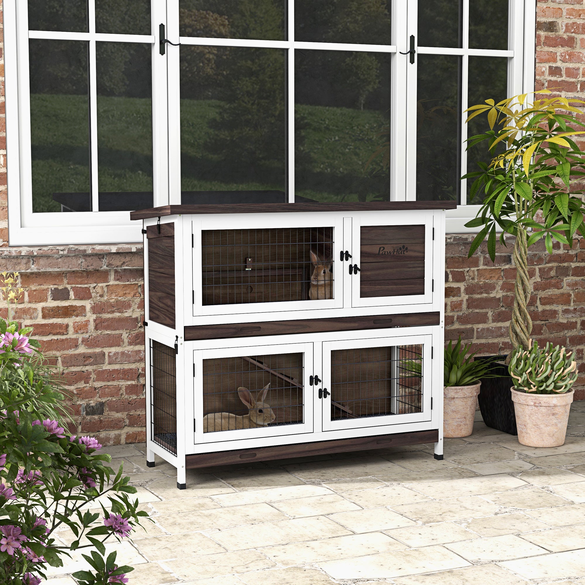 PawHut 2 Tiers Rabbit Hutch, Guinea Pig Hutch Outdoor with No-Leak Trays, Openable Asphalt Roof, No Screws Needed, for 1-2 Rabbits - Brown
