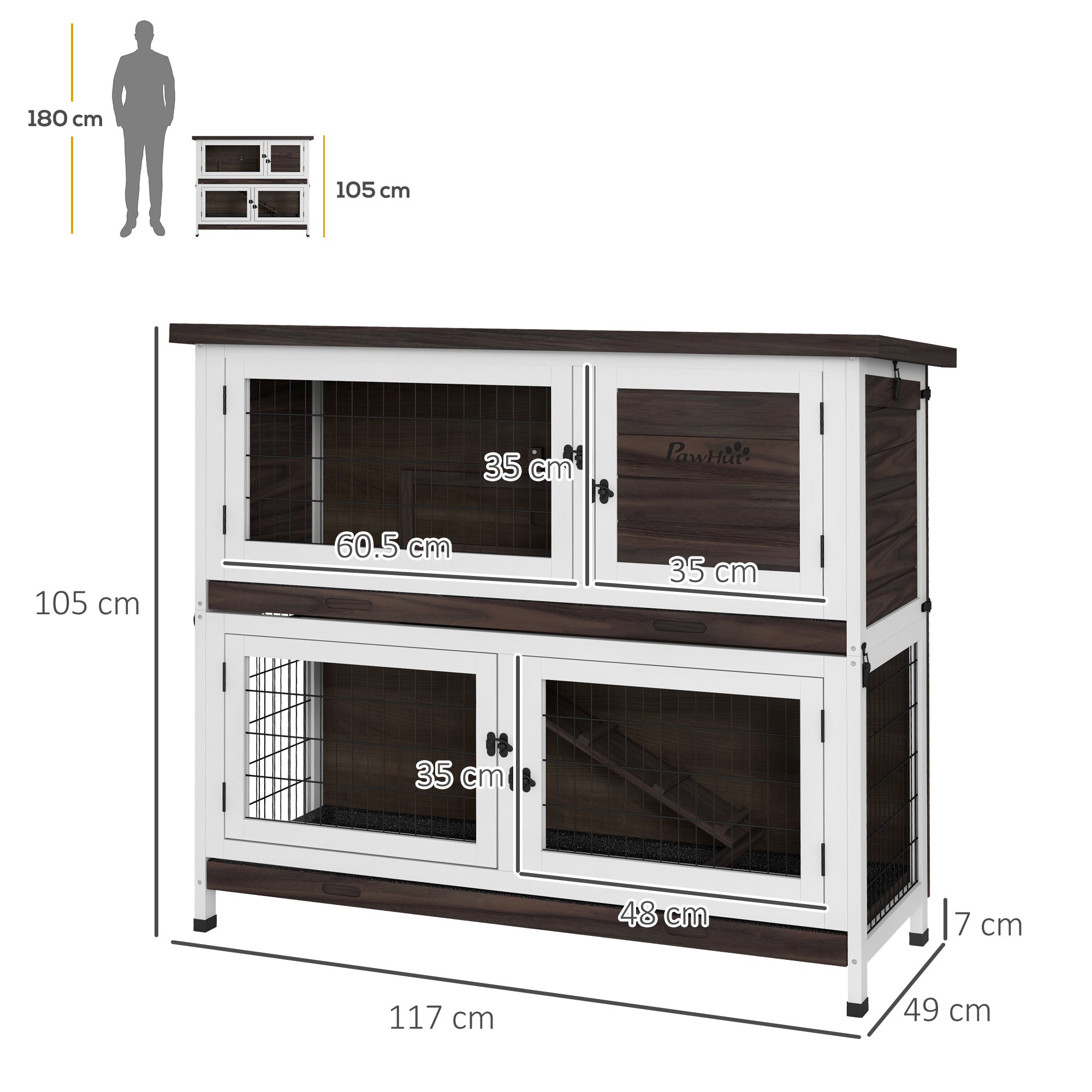 PawHut 2 Tiers Rabbit Hutch, Guinea Pig Hutch Outdoor with No-Leak Trays, Openable Asphalt Roof, No Screws Needed, for 1-2 Rabbits - Brown