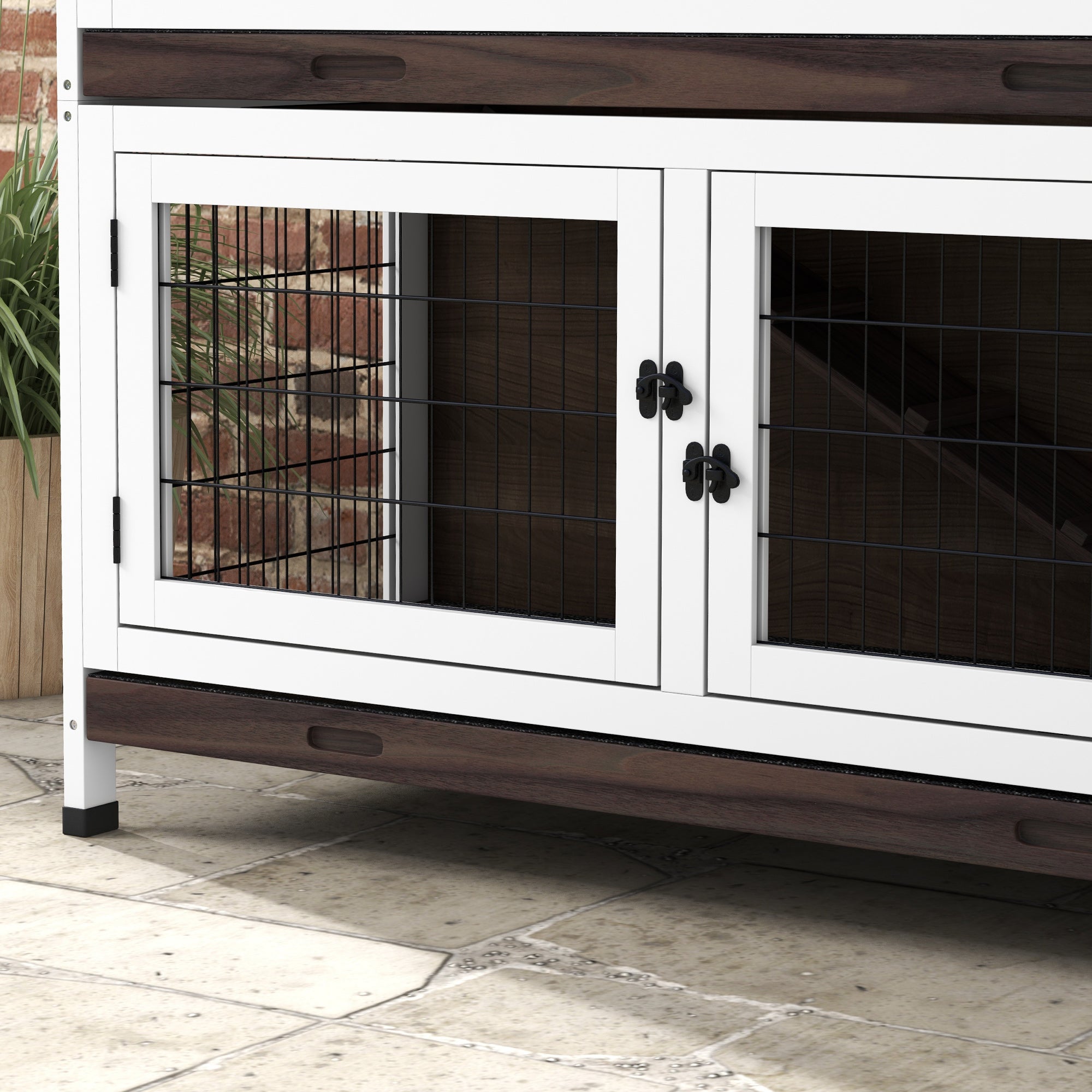 PawHut 2 Tiers Rabbit Hutch, Guinea Pig Hutch Outdoor with No-Leak Trays, Openable Asphalt Roof, No Screws Needed, for 1-2 Rabbits - Brown