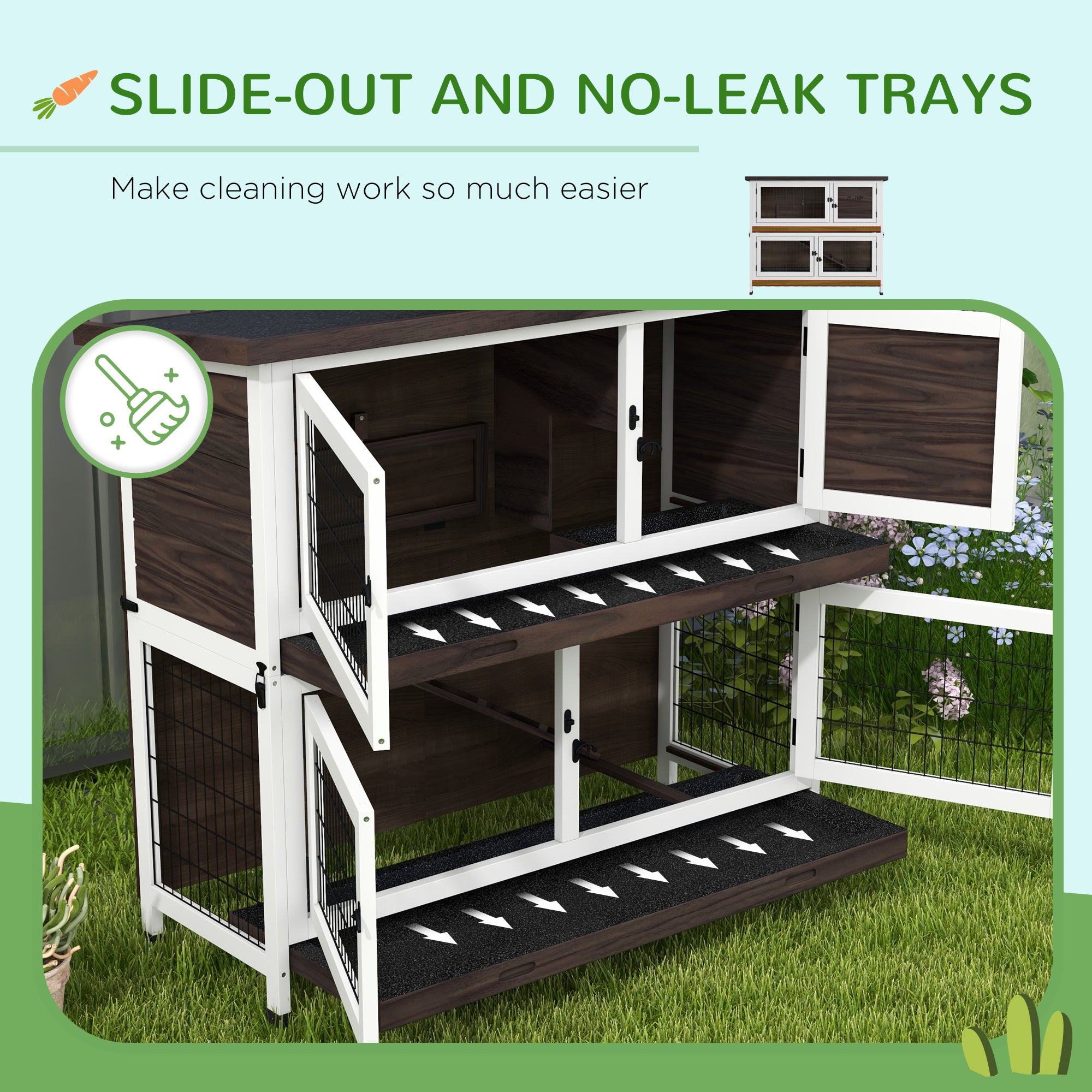 PawHut 2 Tiers Rabbit Hutch, Guinea Pig Hutch Outdoor with No-Leak Trays, Openable Asphalt Roof, No Screws Needed, for 1-2 Rabbits - Brown
