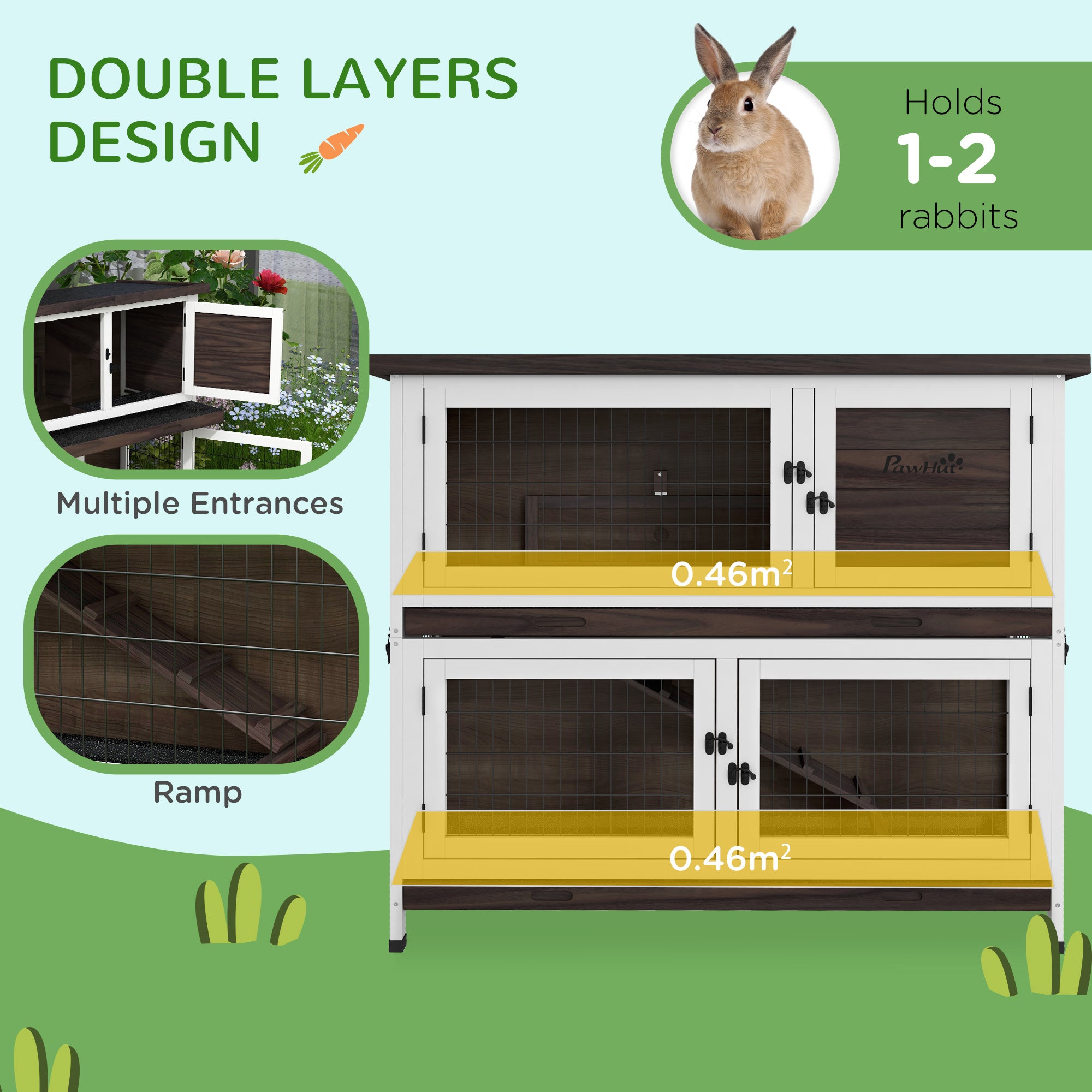 PawHut 2 Tiers Rabbit Hutch, Guinea Pig Hutch Outdoor with No-Leak Trays, Openable Asphalt Roof, No Screws Needed, for 1-2 Rabbits - Brown