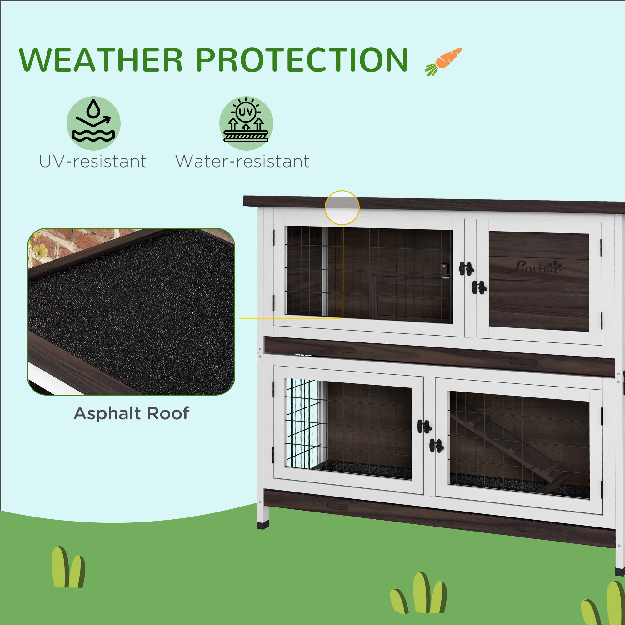 PawHut 2 Tiers Rabbit Hutch, Guinea Pig Hutch Outdoor with No-Leak Trays, Openable Asphalt Roof, No Screws Needed, for 1-2 Rabbits - Brown