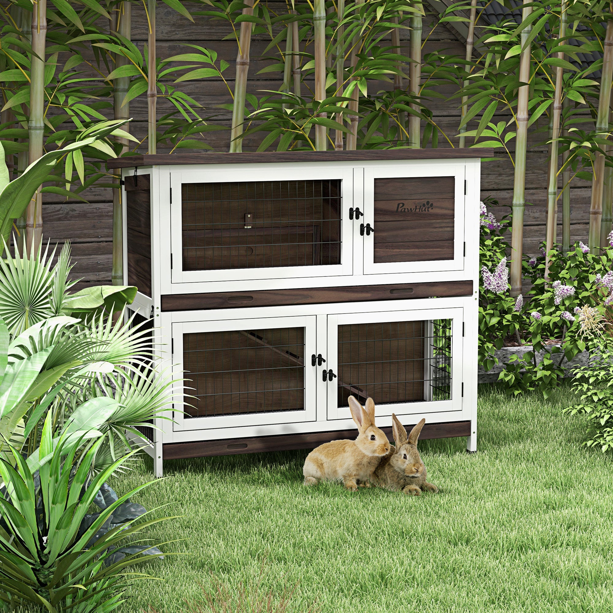 PawHut 2 Tiers Rabbit Hutch, Guinea Pig Hutch Outdoor with No-Leak Trays, Openable Asphalt Roof, No Screws Needed, for 1-2 Rabbits - Brown
