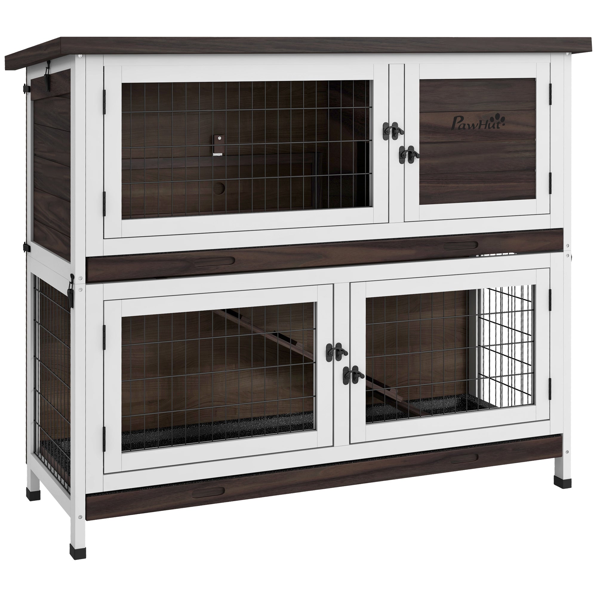 PawHut 2 Tiers Rabbit Hutch, Guinea Pig Hutch Outdoor with No-Leak Trays, Openable Asphalt Roof, No Screws Needed, for 1-2 Rabbits - Brown