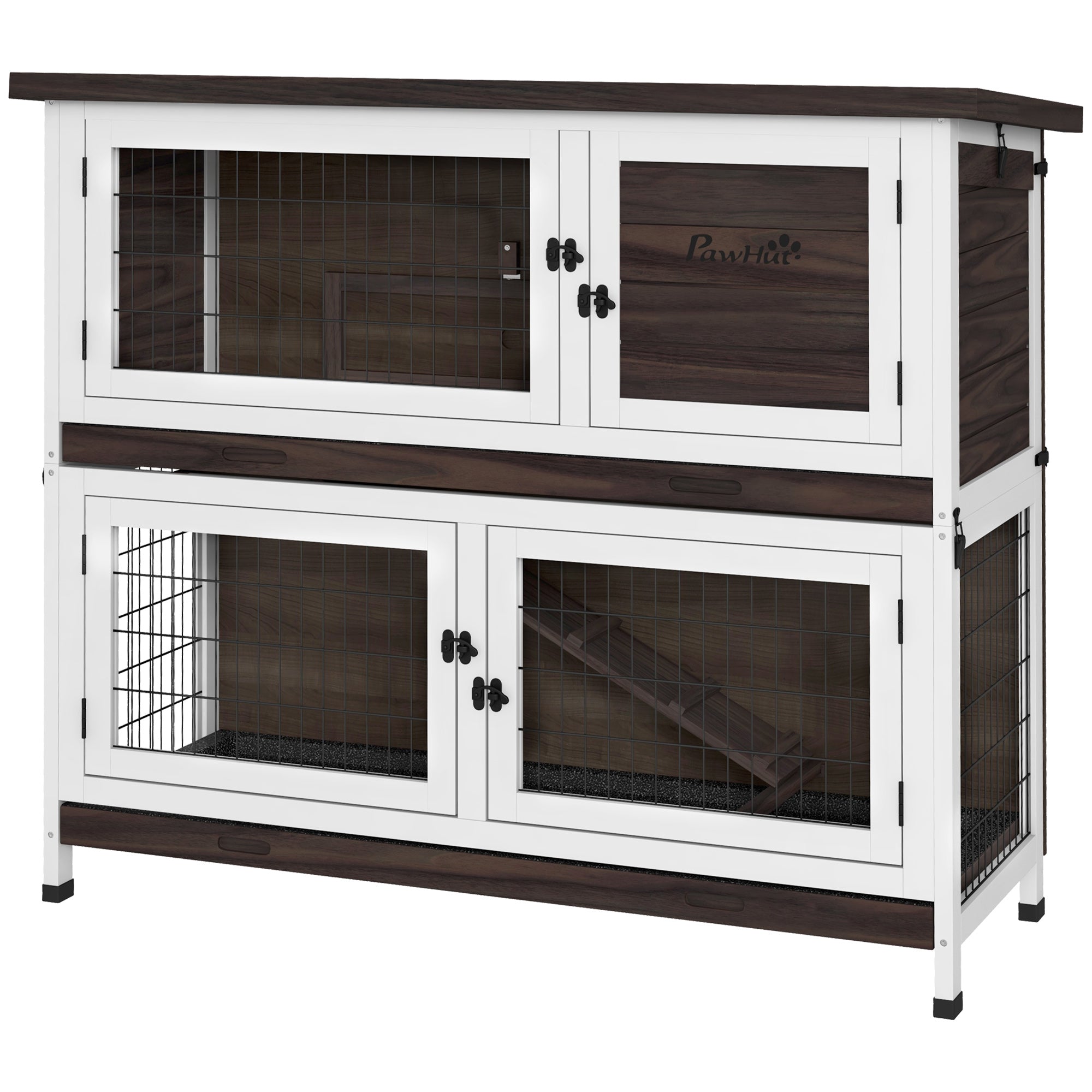 PawHut 2 Tiers Rabbit Hutch, Guinea Pig Hutch Outdoor with No-Leak Trays, Openable Asphalt Roof, No Screws Needed, for 1-2 Rabbits - Brown