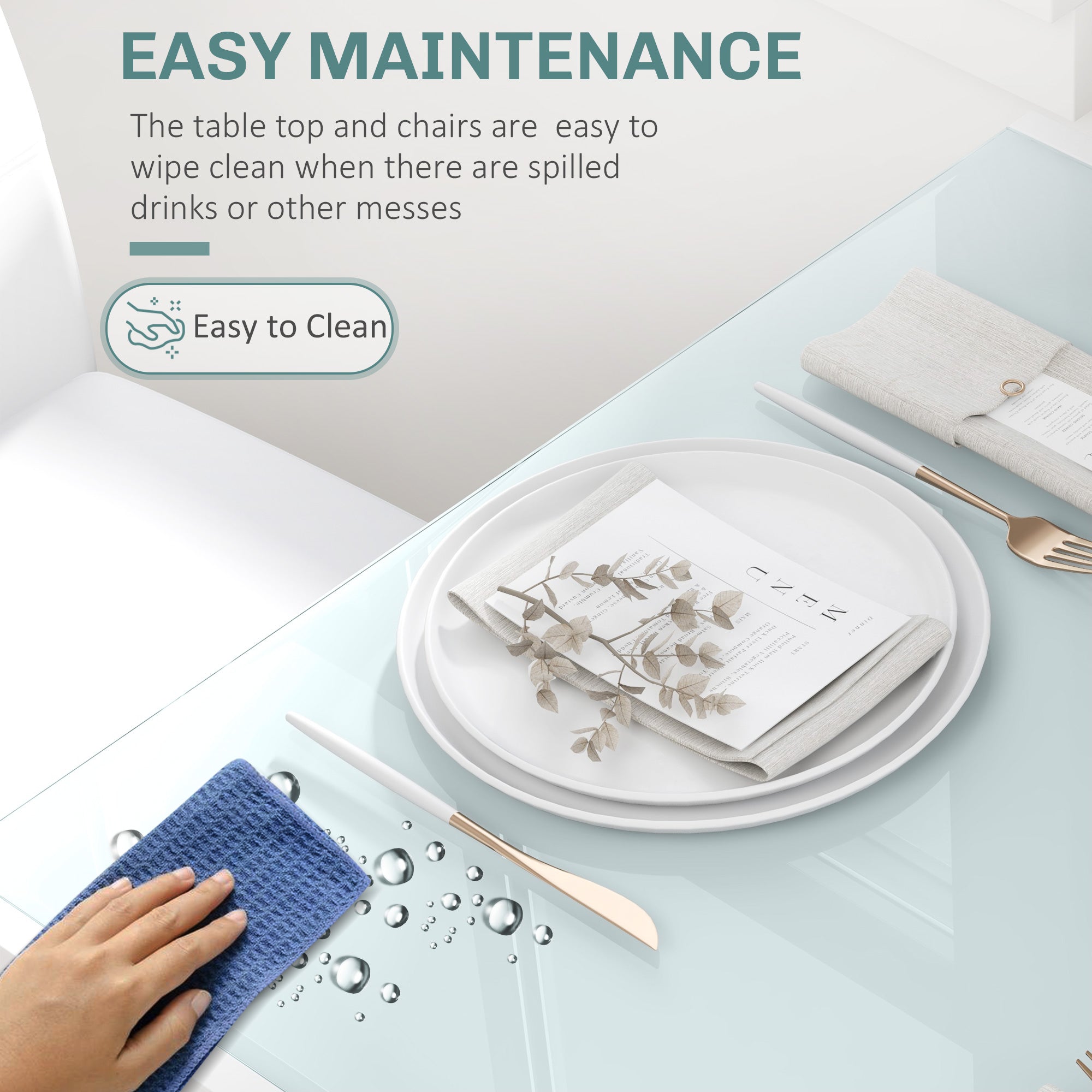 HOMCOM Dining Table Set for 2, 3-Piece Rectangular Glass Kitchen Table and Chairs with Metal Frame and Faux Leather Upholstery for Dining Room, Living Room, White