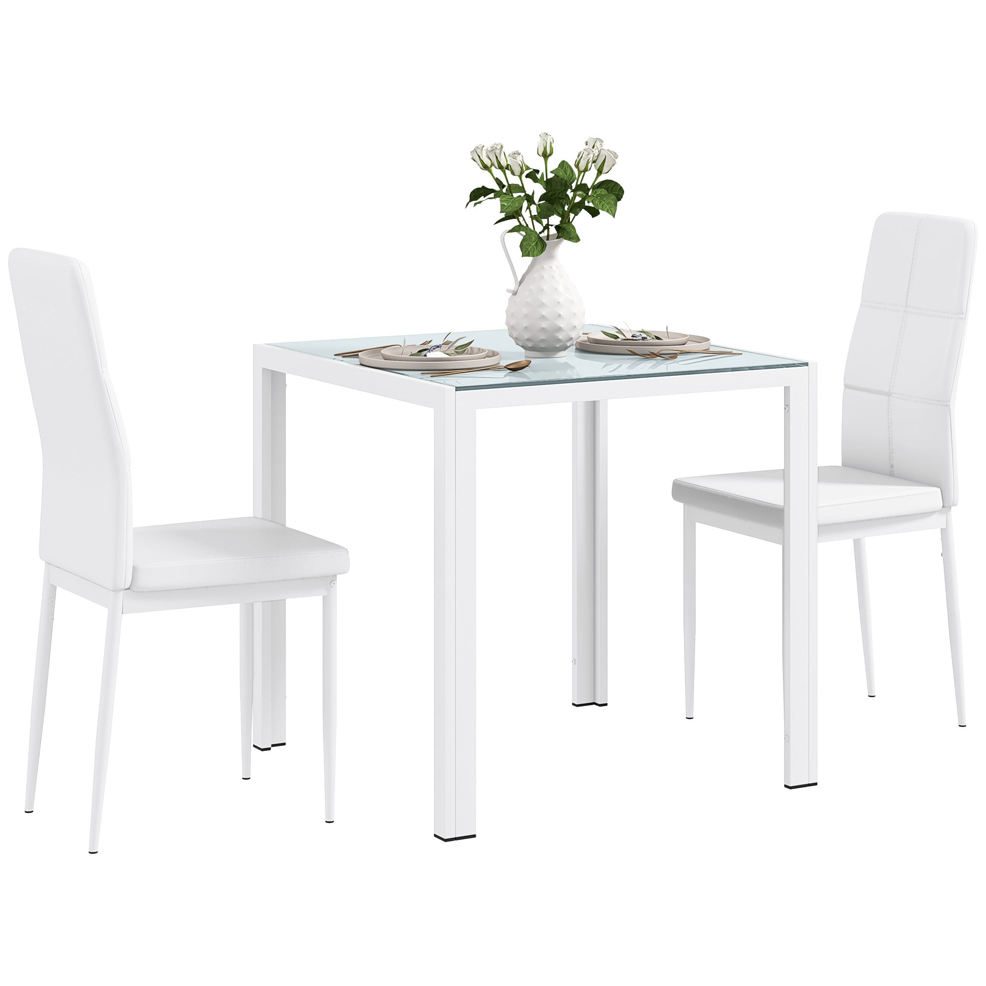 HOMCOM Dining Table Set for 2, 3-Piece Rectangular Glass Kitchen Table and Chairs with Metal Frame and Faux Leather Upholstery for Dining Room, Living Room, White