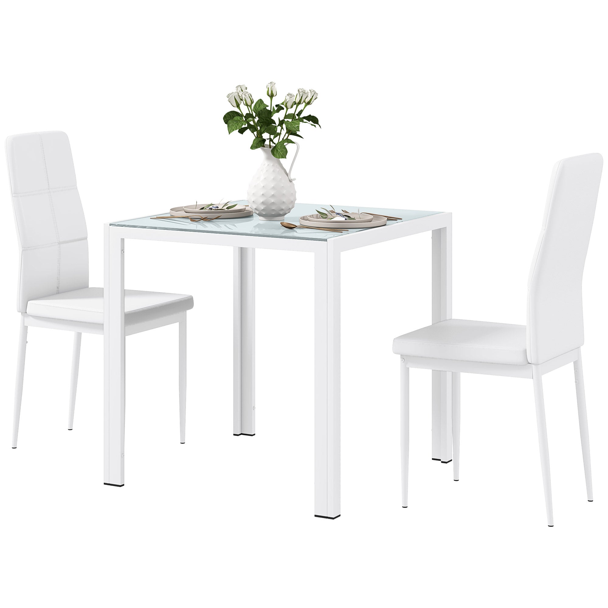 HOMCOM Dining Table Set for 2, 3-Piece Rectangular Glass Kitchen Table and Chairs with Metal Frame and Faux Leather Upholstery for Dining Room, Living Room, White