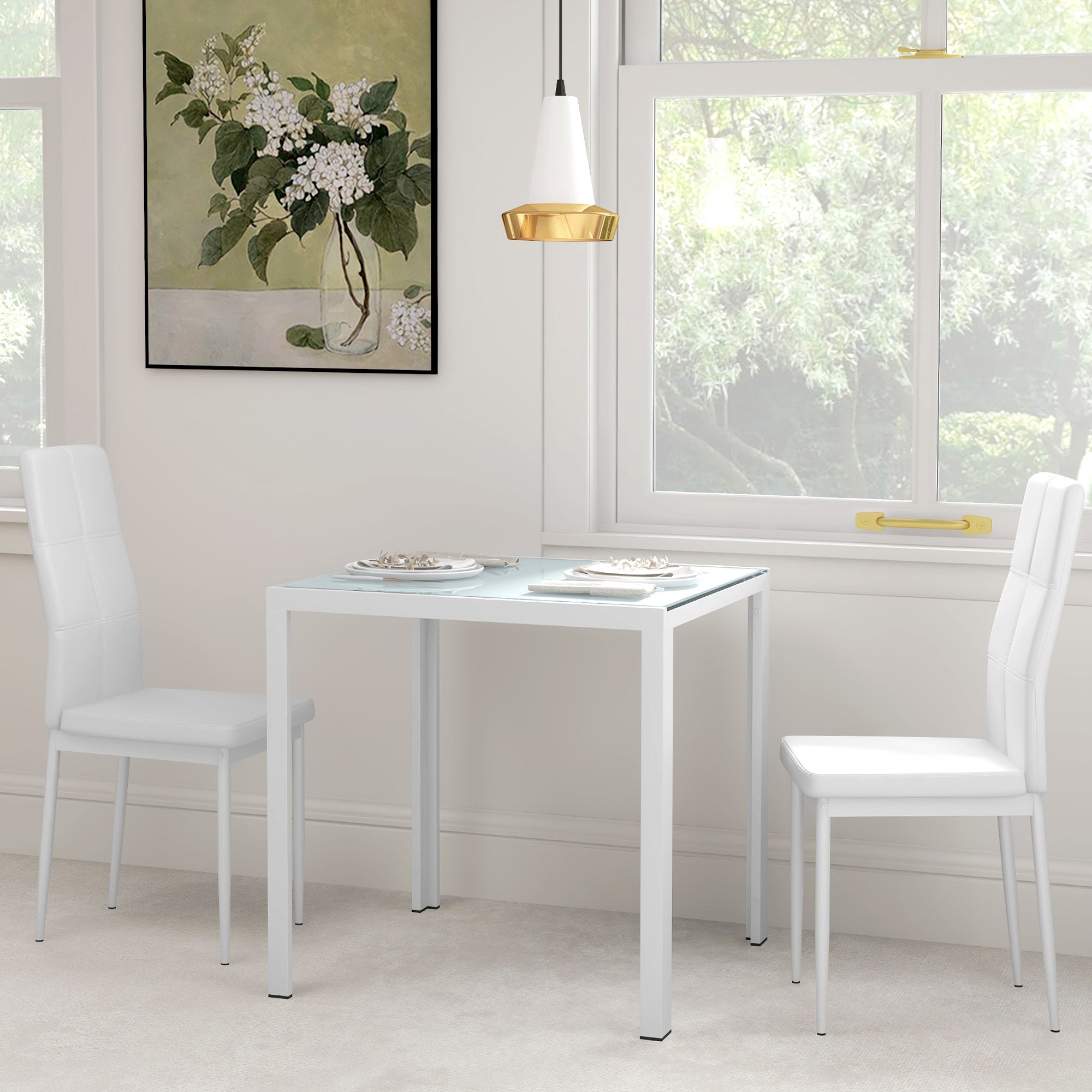 HOMCOM Dining Table Set for 2, 3-Piece Rectangular Glass Kitchen Table and Chairs with Metal Frame and Faux Leather Upholstery for Dining Room, Living Room, White