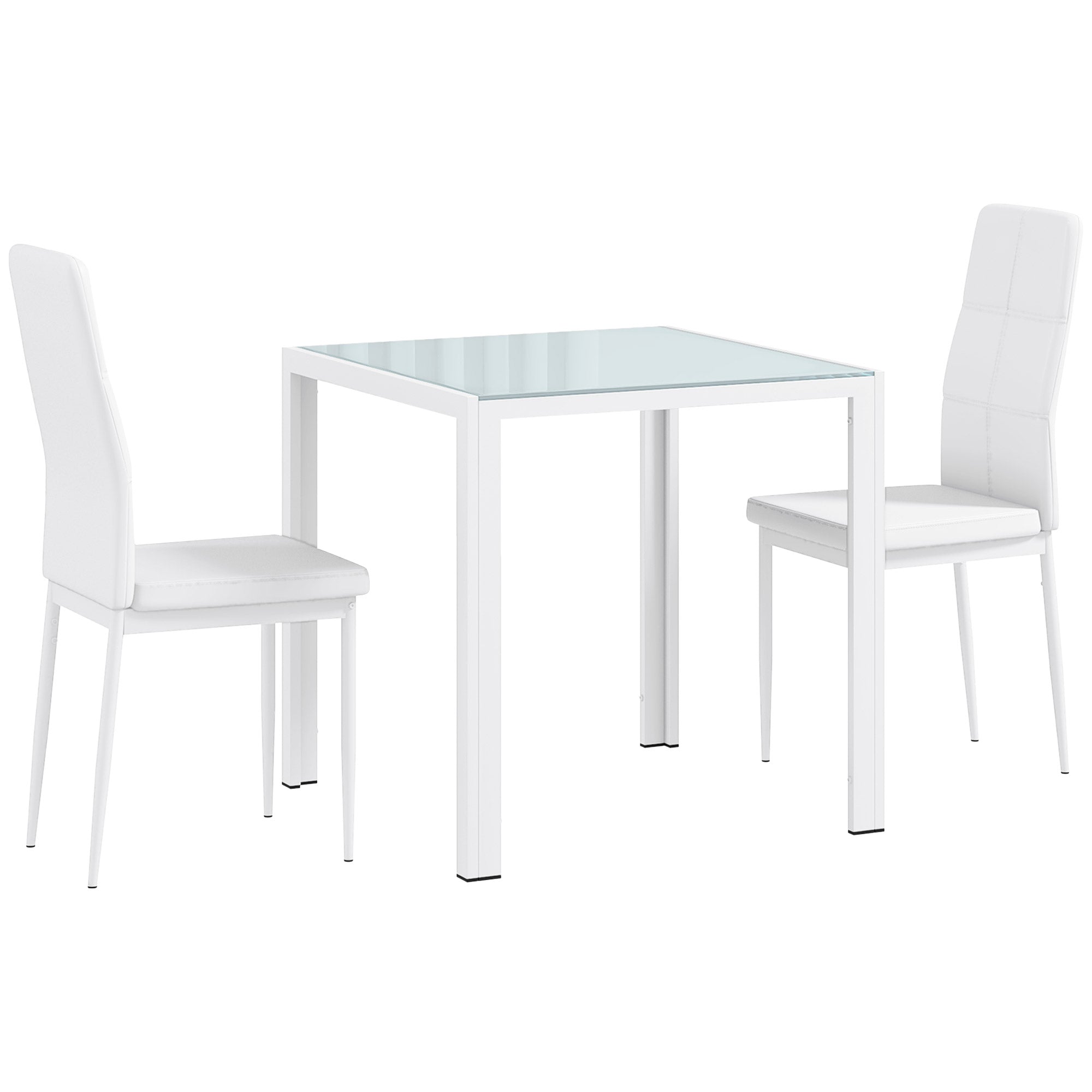 HOMCOM Dining Table Set for 2, 3-Piece Rectangular Glass Kitchen Table and Chairs with Metal Frame and Faux Leather Upholstery for Dining Room, Living Room, White