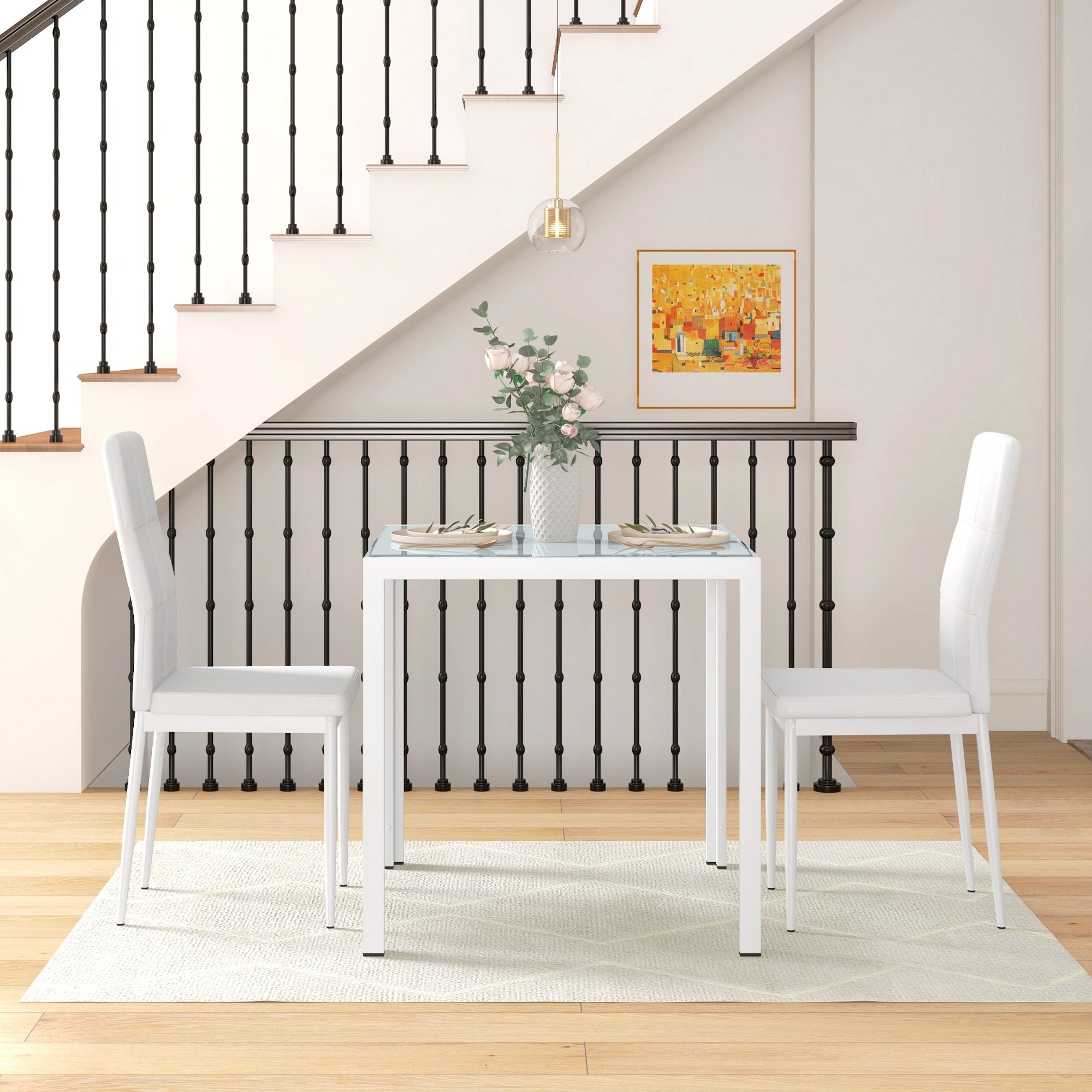 HOMCOM Dining Table Set for 2, 3-Piece Rectangular Glass Kitchen Table and Chairs with Metal Frame and Faux Leather Upholstery for Dining Room, Living Room, White