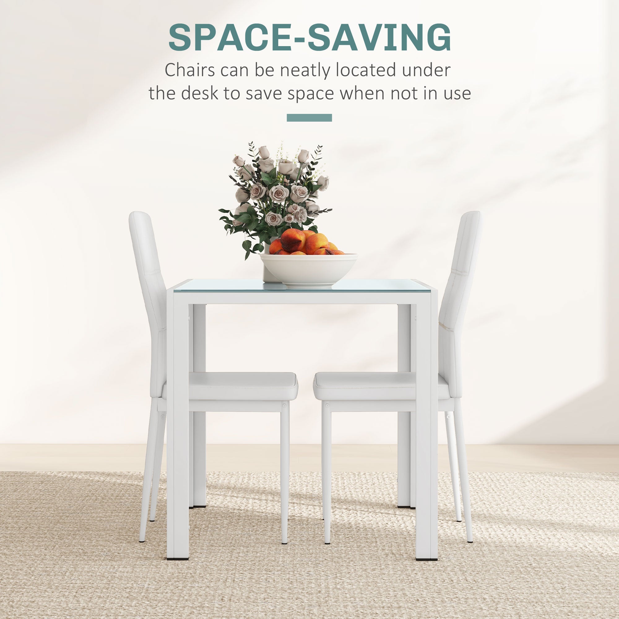HOMCOM Dining Table Set for 2, 3-Piece Rectangular Glass Kitchen Table and Chairs with Metal Frame and Faux Leather Upholstery for Dining Room, Living Room, White