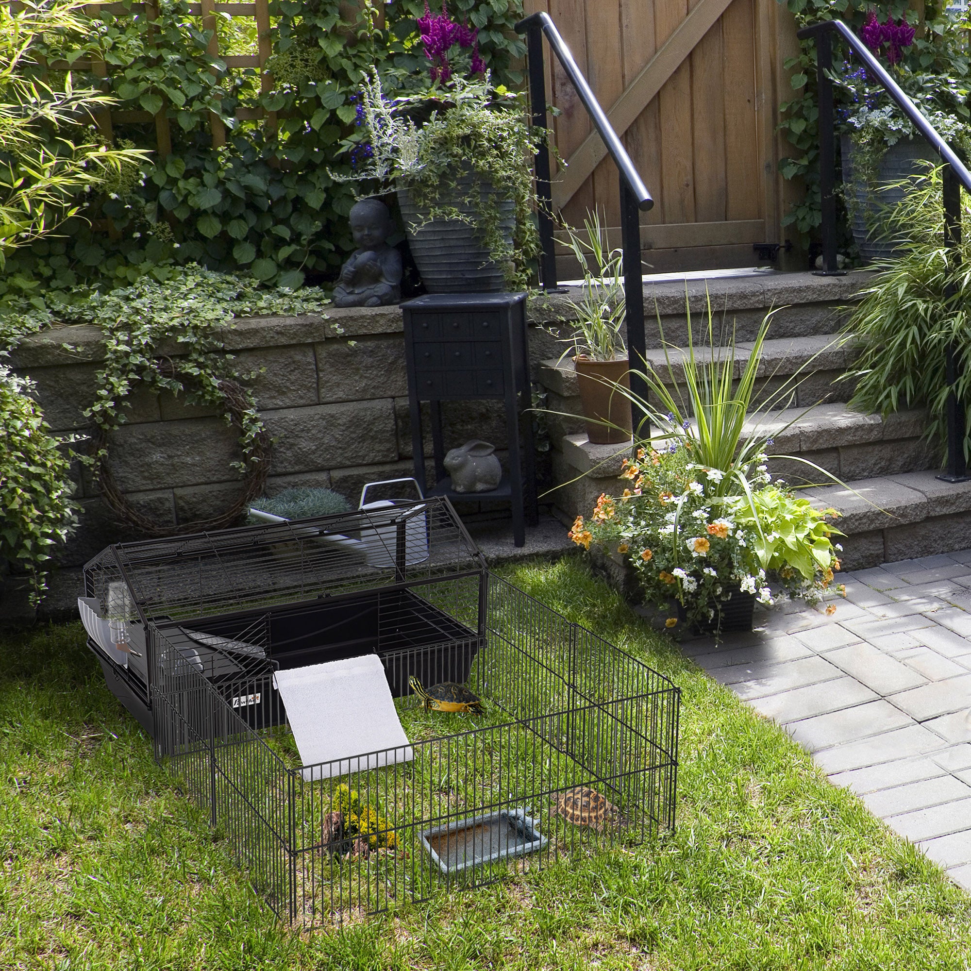 PawHut Metal Small Animal Cage, Rabbit Cage for Guinea Pig Chinchilla Hedgehog Bunny with Removable Wheels and Foldable Detachable Run Fence, 34.6