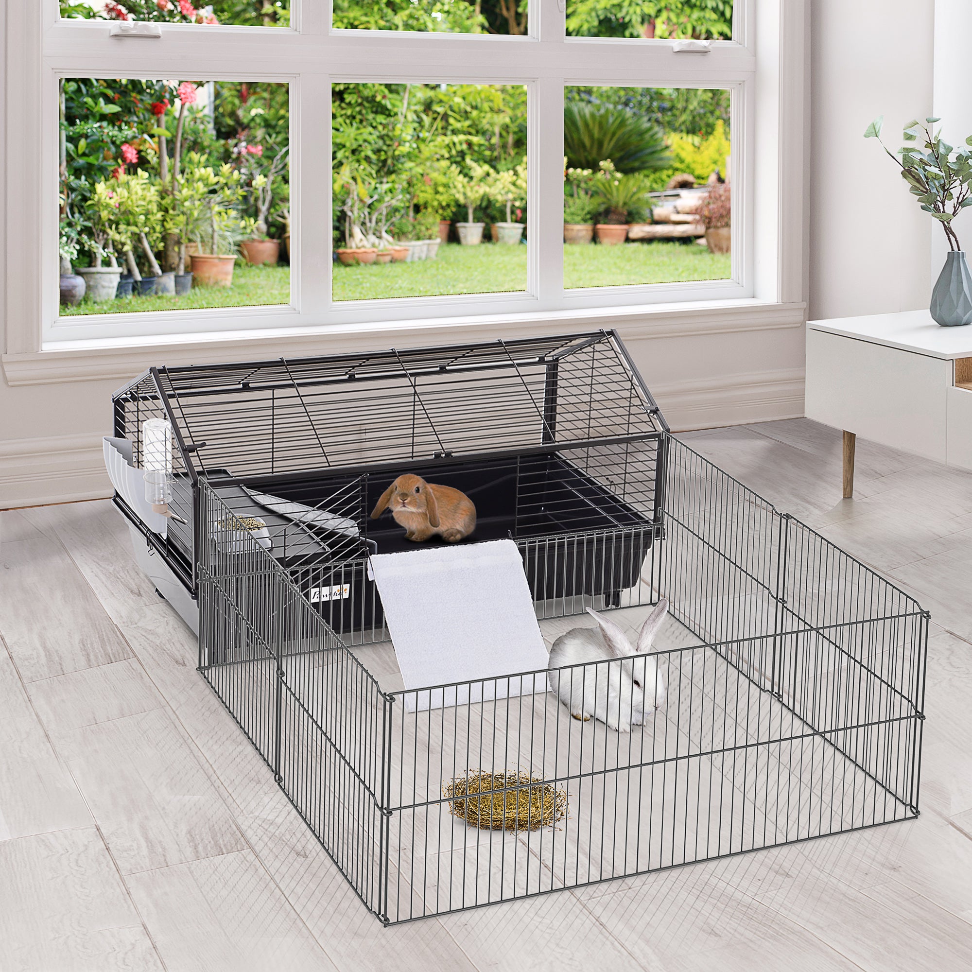 PawHut Metal Small Animal Cage, Rabbit Cage for Guinea Pig Chinchilla Hedgehog Bunny with Removable Wheels and Foldable Detachable Run Fence, 34.6