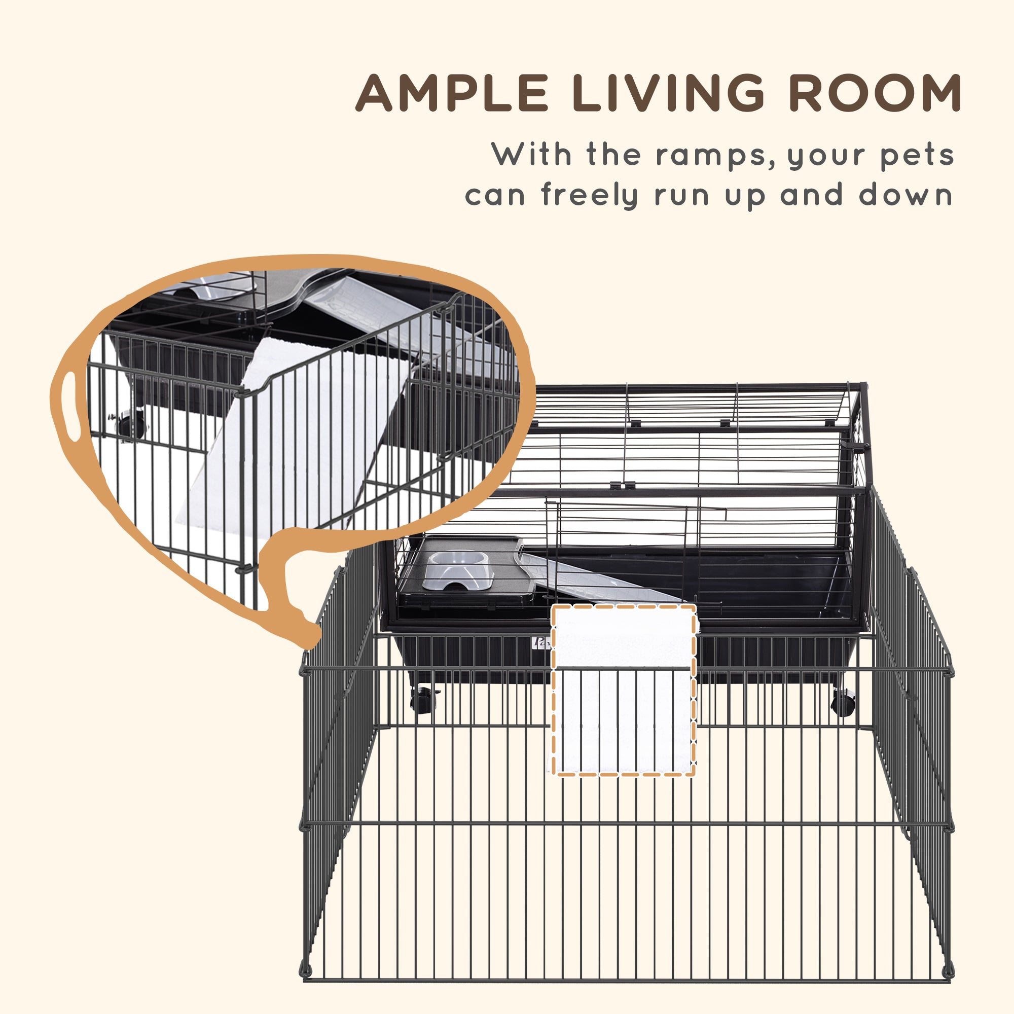 PawHut Metal Small Animal Cage, Rabbit Cage for Guinea Pig Chinchilla Hedgehog Bunny with Removable Wheels and Foldable Detachable Run Fence, 34.6
