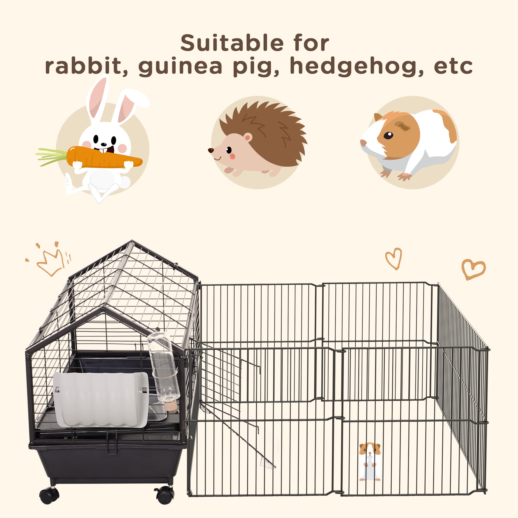 PawHut Metal Small Animal Cage, Rabbit Cage for Guinea Pig Chinchilla Hedgehog Bunny with Removable Wheels and Foldable Detachable Run Fence, 34.6